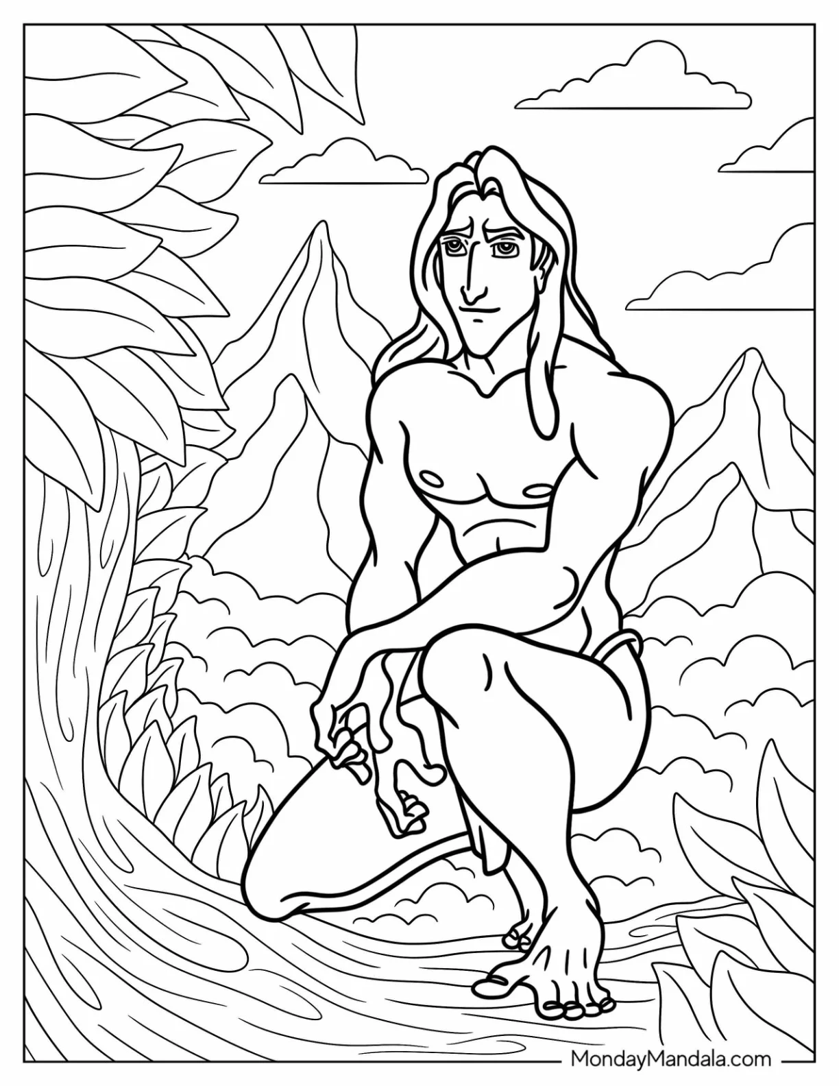 Tarzan Coloring Page Smiling While Sitting On A Tree Branch coloring page