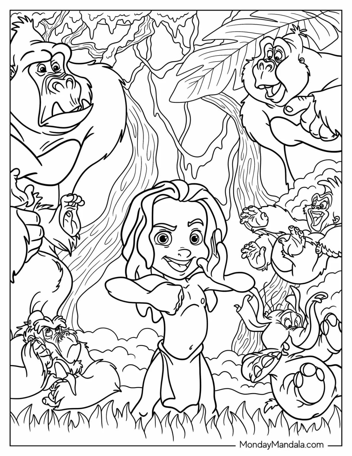 Young Tarzan Coloring Page Surrounded By Gorilla Family coloring page