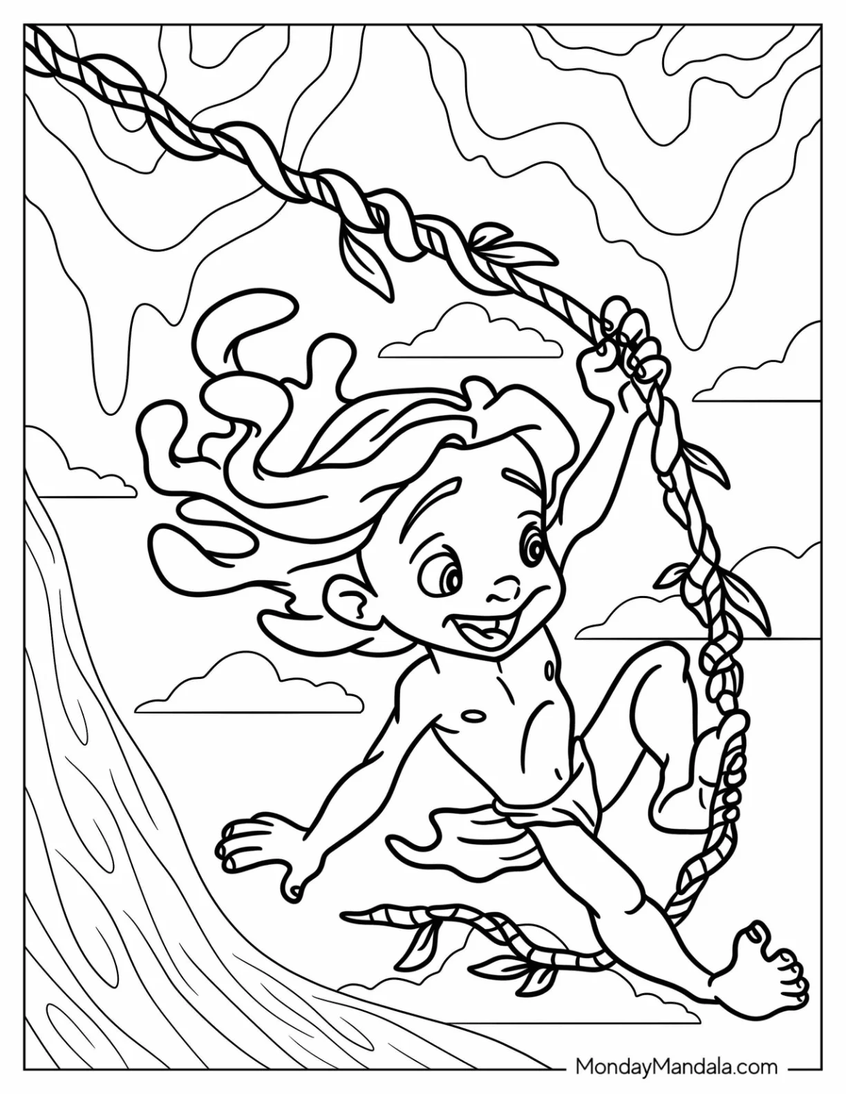 Young Tarzan Coloring Page Swinging On Vines coloring page