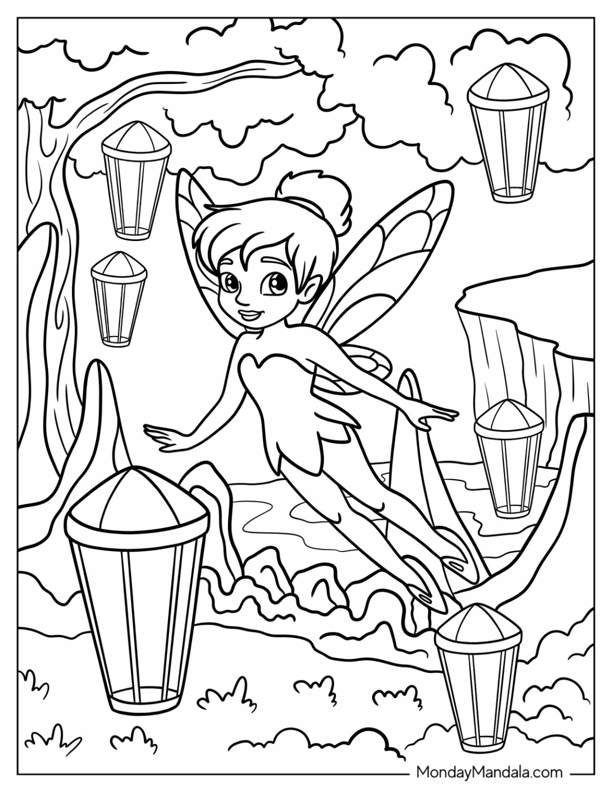 Baby Tinker Bell Coloring Page Flying Next To Lanterns For Kids coloring page