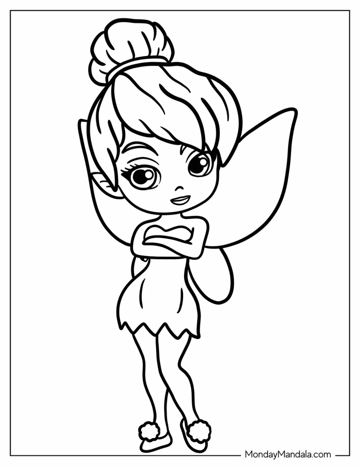 Easy Chibi Tinker Bell Coloring Page With Her Arms Crossed For Kids coloring page