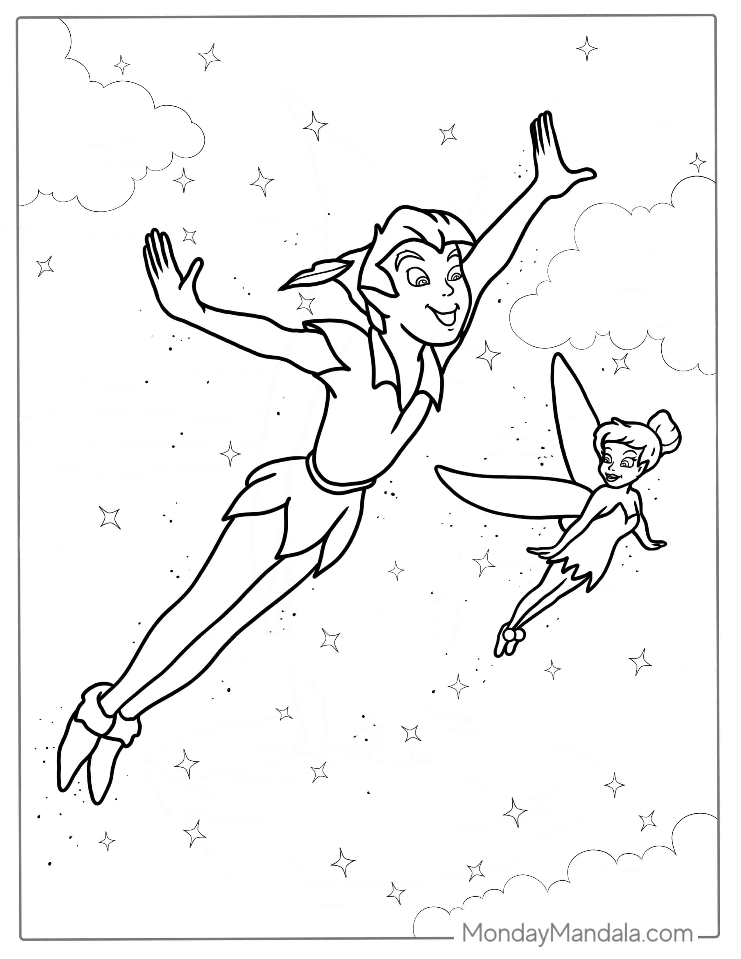 Peter Pan And Tinker Bell Flying In The Nigh Sky coloring page
