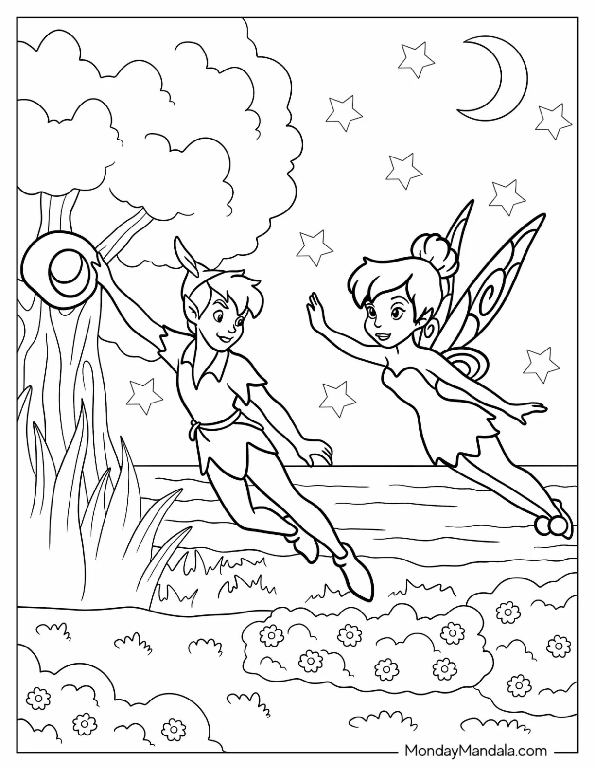 Peter Pan Flying In The Night Sky With Tinker Bell Coloring Page coloring page
