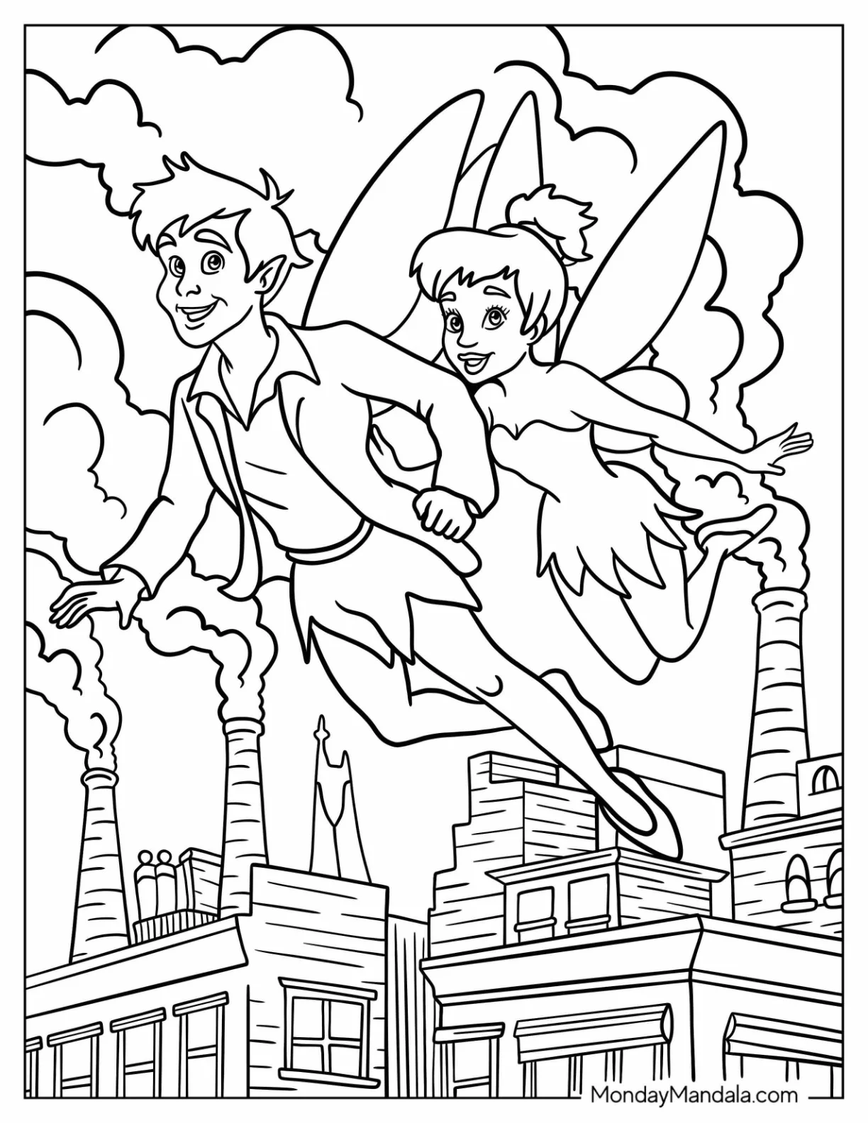Tinker Bell Coloring Page Flying With Peter Pan In London coloring page