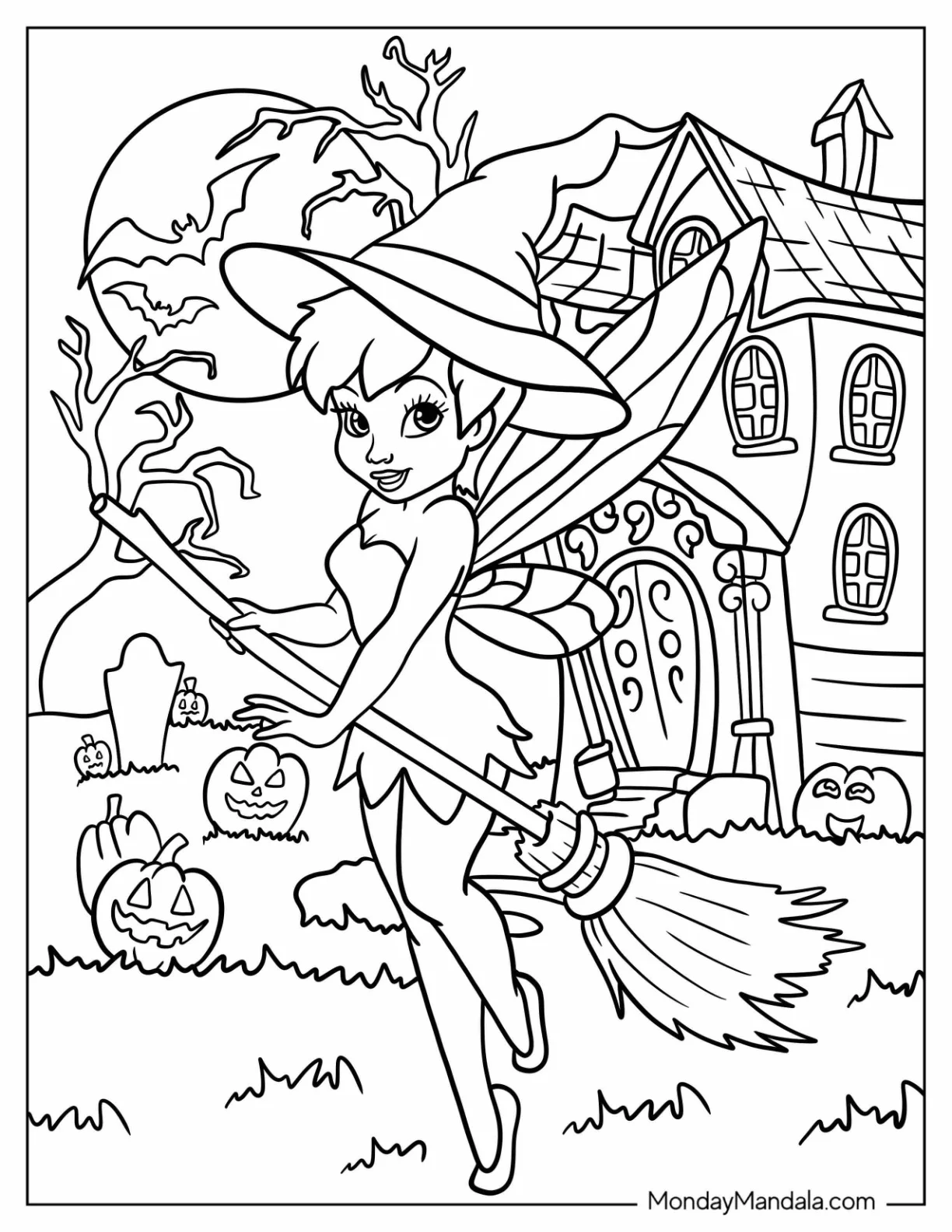 Tinker Bell Coloring Page In Witch Hat Holding A Broom On Halloween coloring page — printable line art