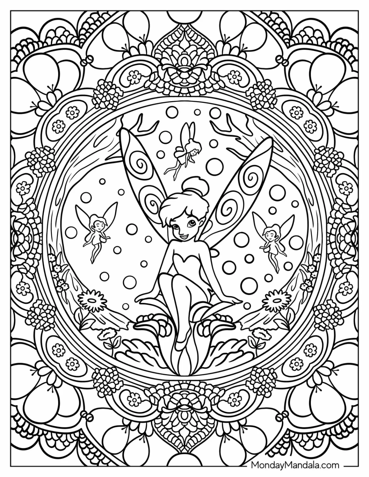 Tinker Bell Coloring Page Sitting In The Middle Of A Flower Mandala coloring page
