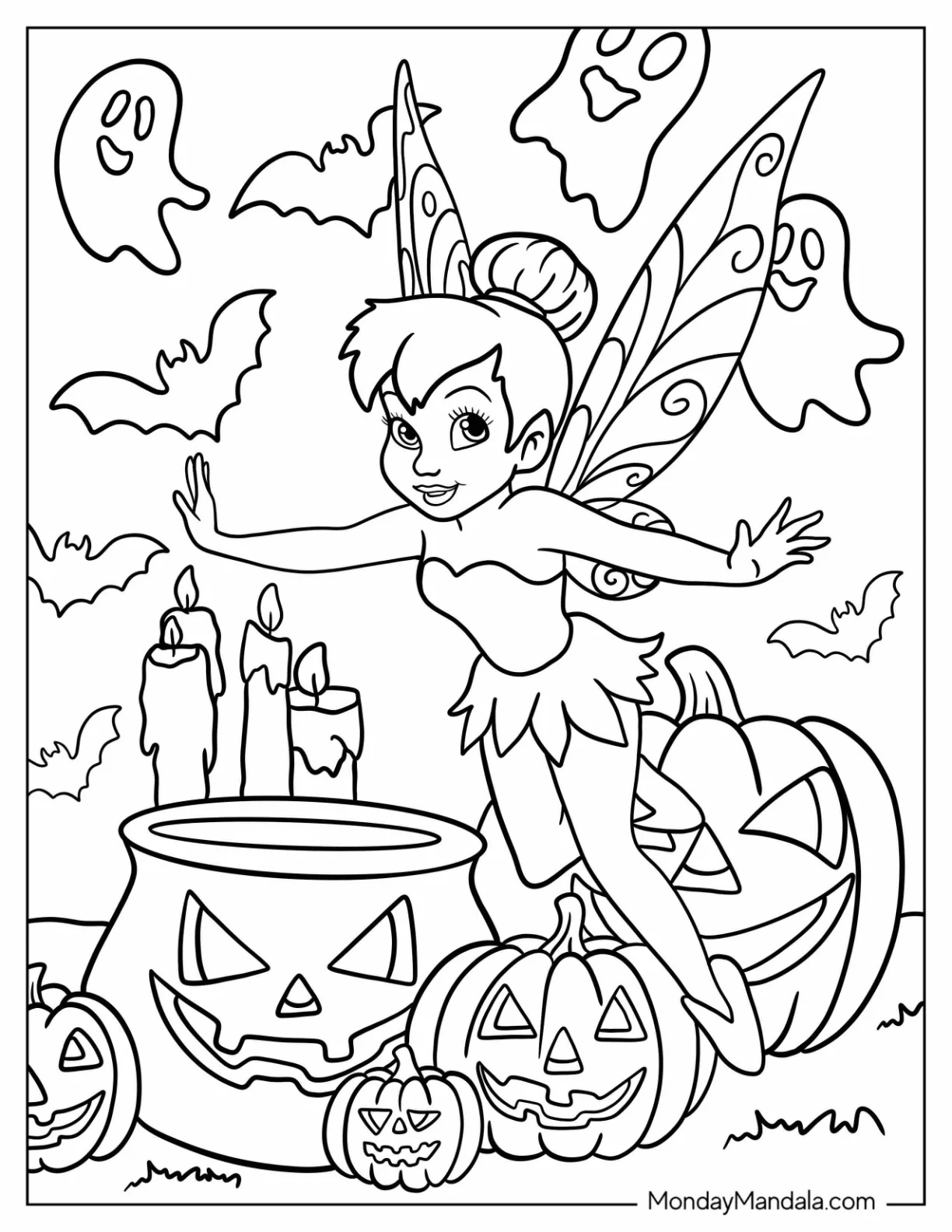 Tinker Bell Coloring Page Surrounded By Jack O Lanterns coloring page