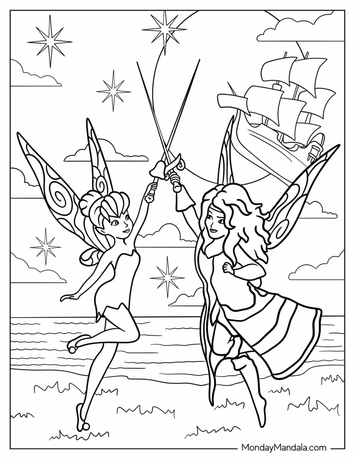 Tinker Bell Coloring Page Sword Fighting With A Female Pirate coloring page — printable line art