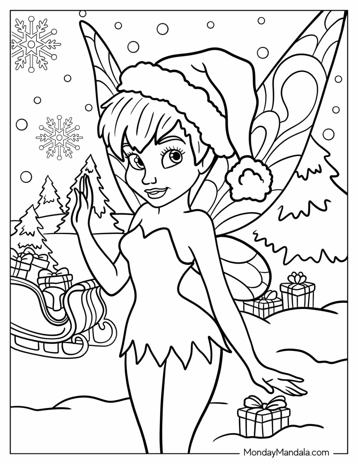 Tinker Bell Coloring Page Wearing A Santa Hat In Winter Wonderland coloring page