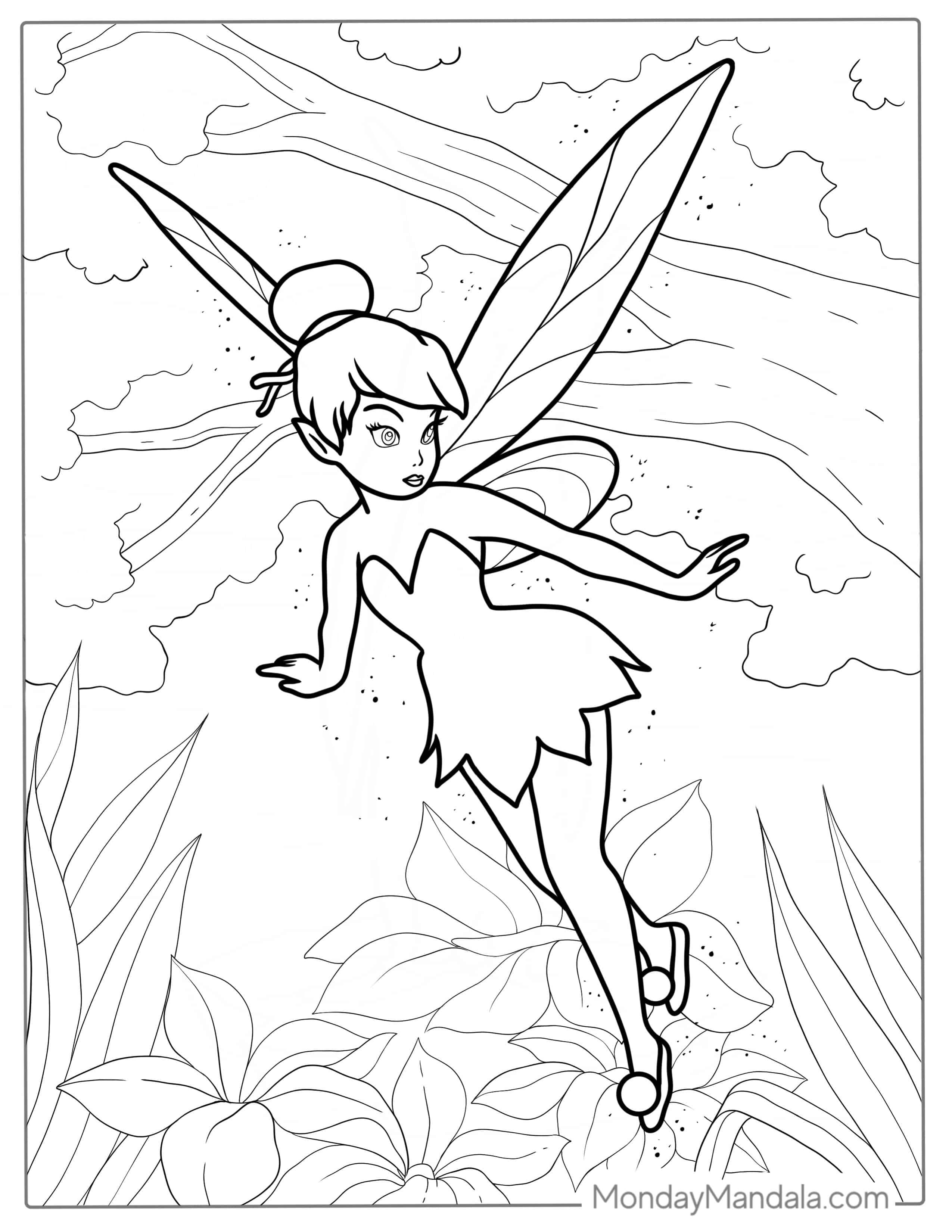 Tinker Bell Flying In Magical Forrest To Color coloring page