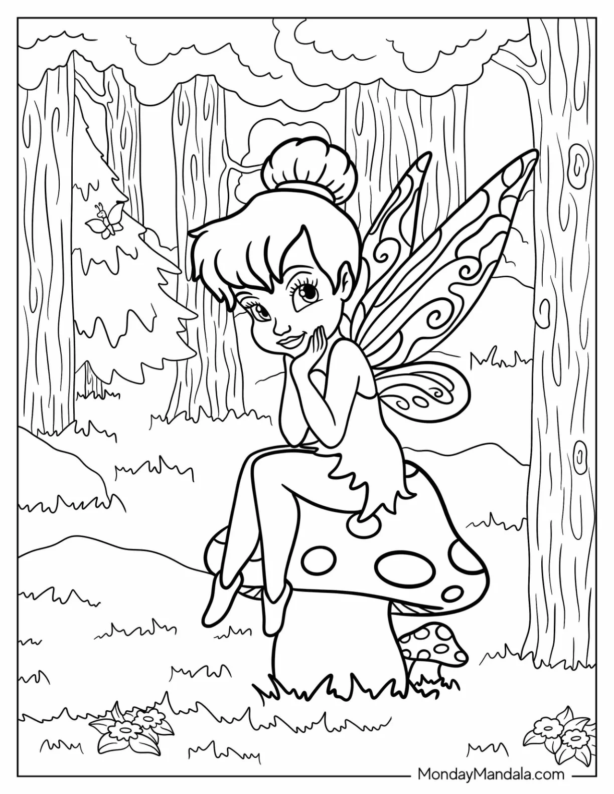 Young Tinker Bell Coloring Page Sitting On A Spotted Mushroom For Kids coloring page