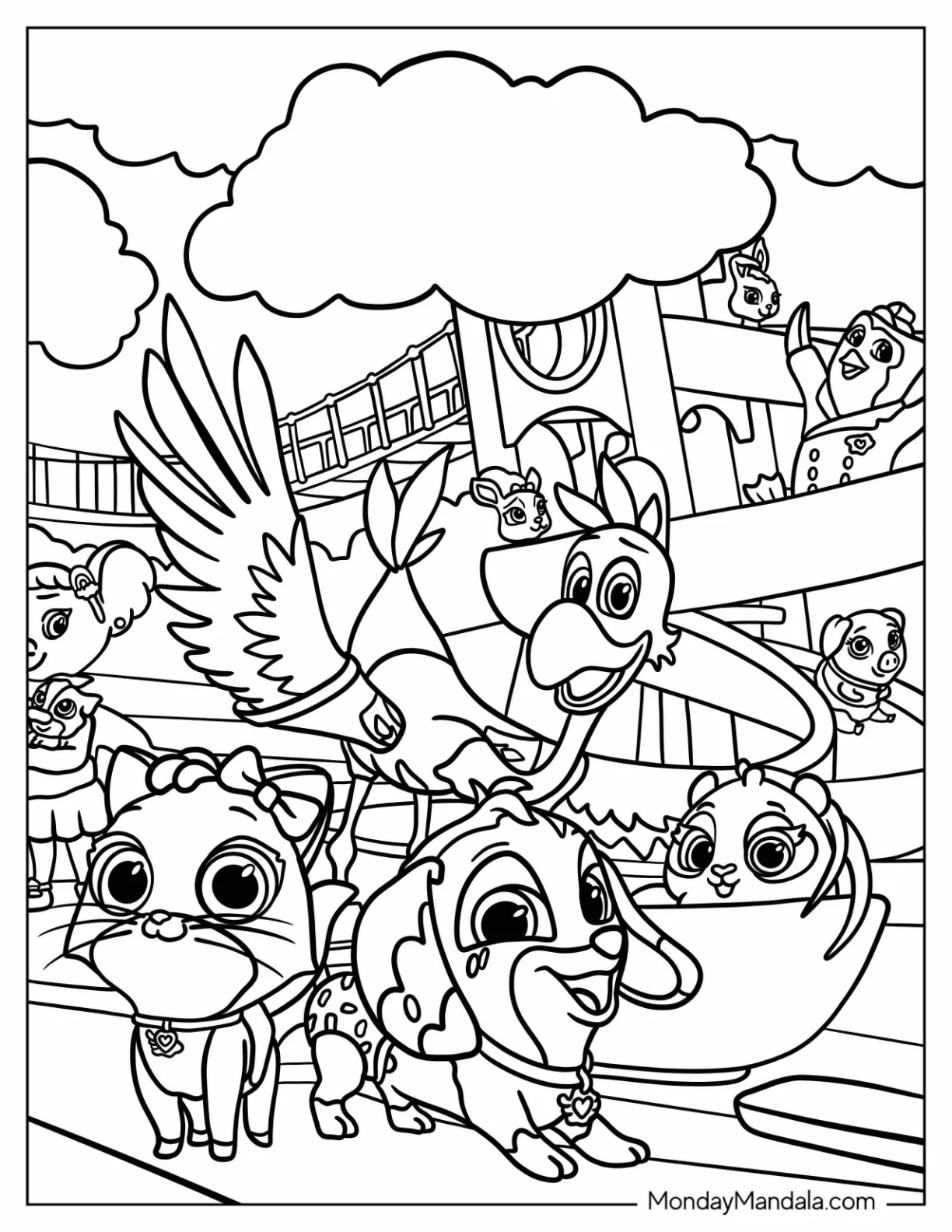 TOTS Coloring Page Of Freddy The Flamingo, Mia, Pablo, Pip, KC, And Penny coloring page