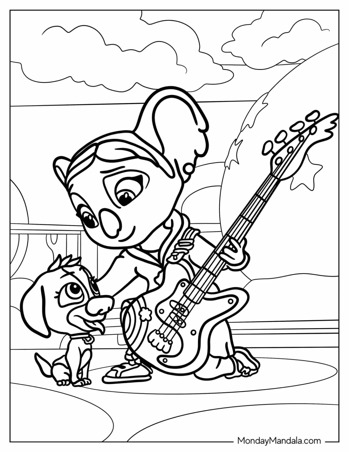 TOTS Coloring Page Of KC Petting Mia While Holding The Electric Guitar coloring page
