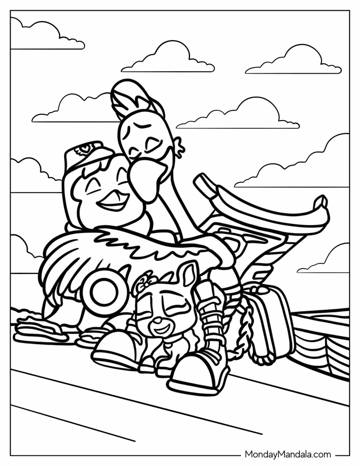 TOTS Coloring Page Of Pip, Freddy, and Mia Hugging coloring page