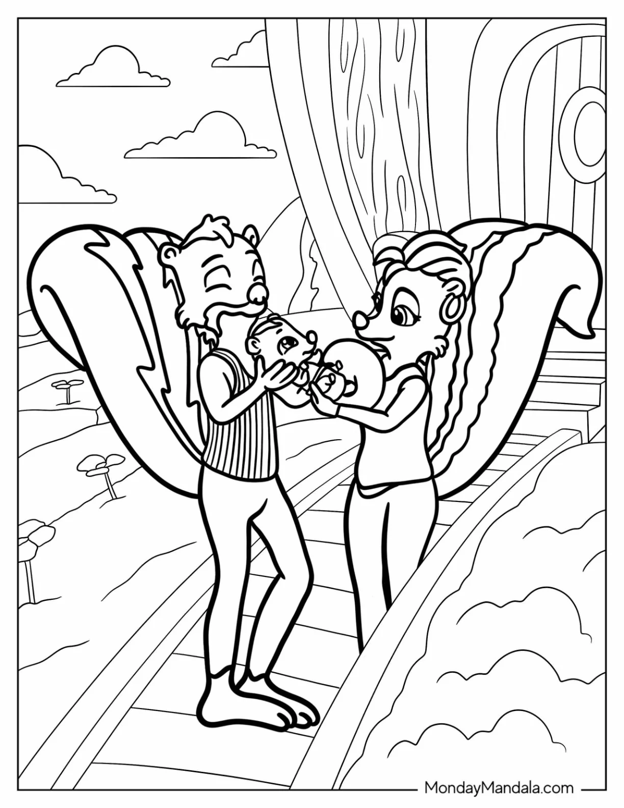 TOTS Coloring Page Of Scooter The Skunk With His Parents coloring page — printable line art