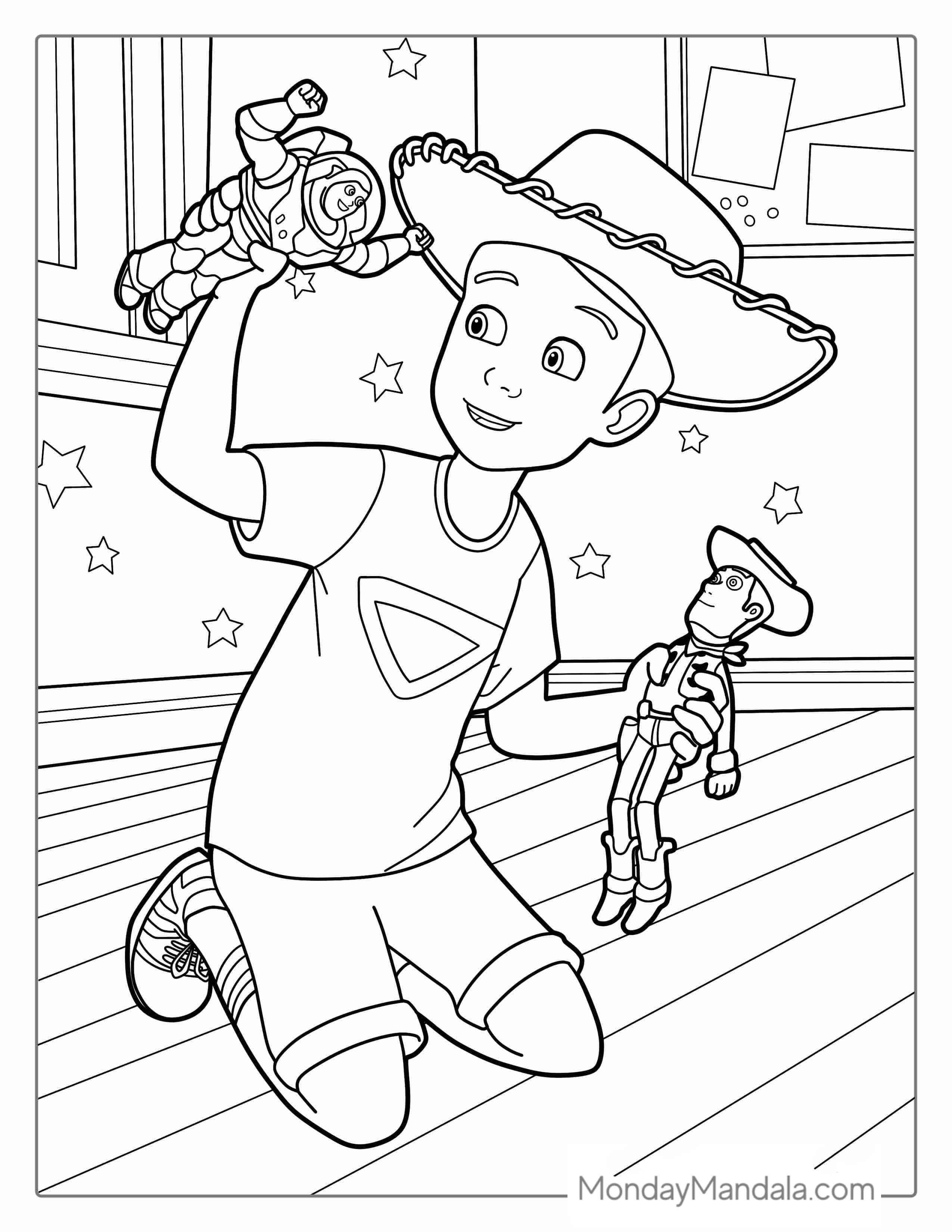 Andy Playing With Buzz And Woody Coloring Page coloring page