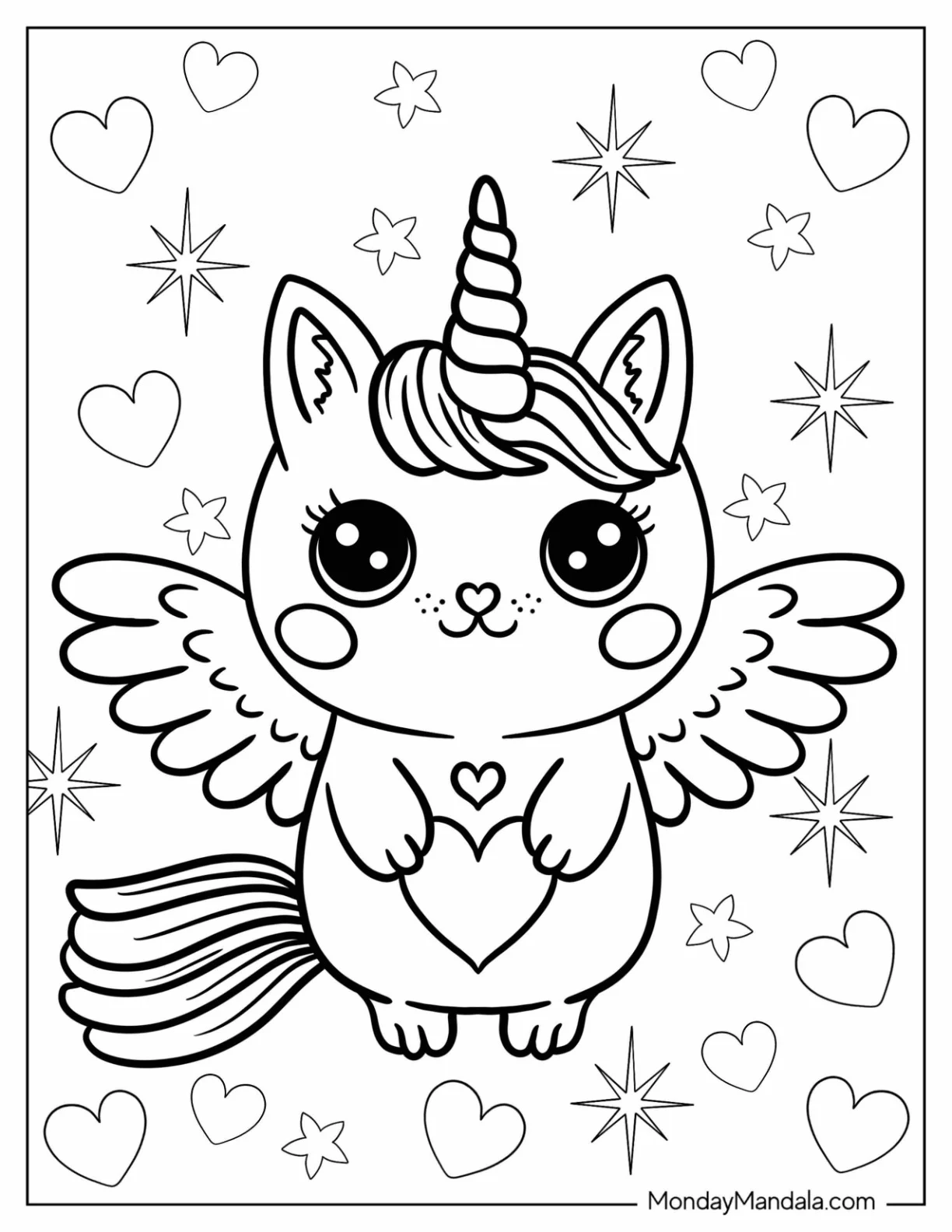 Adorable Unicorn Coloring Page Cat With Tiny Wings For Kids coloring page