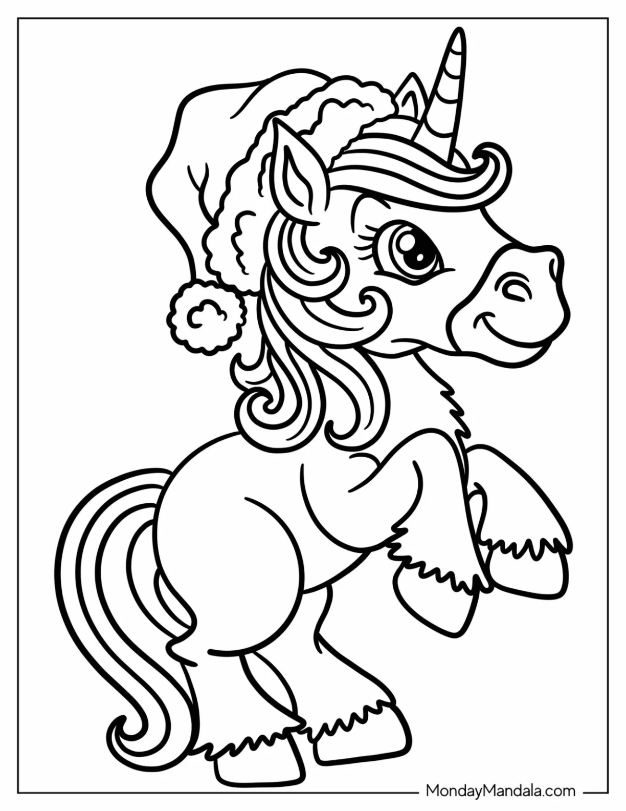 Baby Unicorn Coloring Page With Santa Hat Standing On Hind Legs For Preschoolers coloring page
