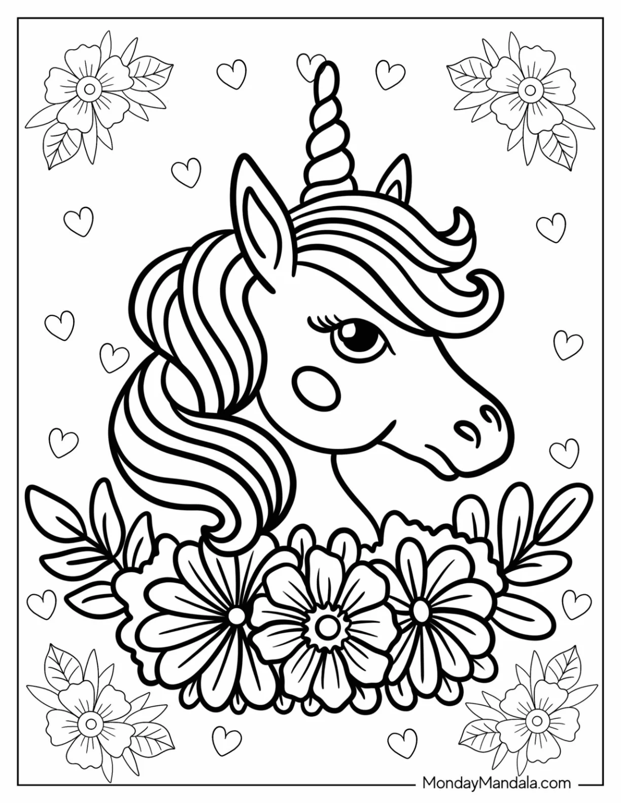 Beautiful Little Unicorn Coloring Page With Flowers For Kids coloring page