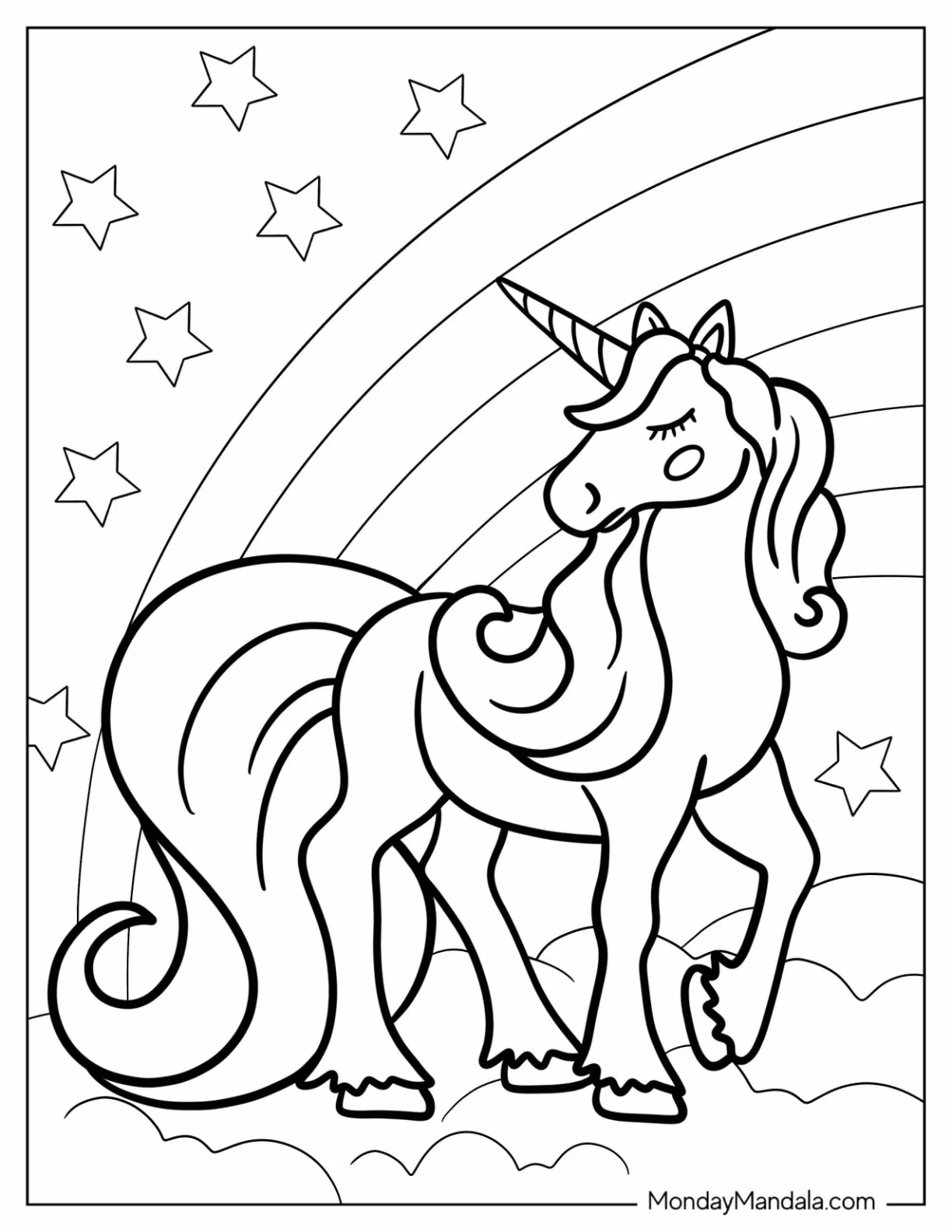 Calm Unicorn Coloring Page Standing Beside A Rainbow With Stars coloring page — printable line art