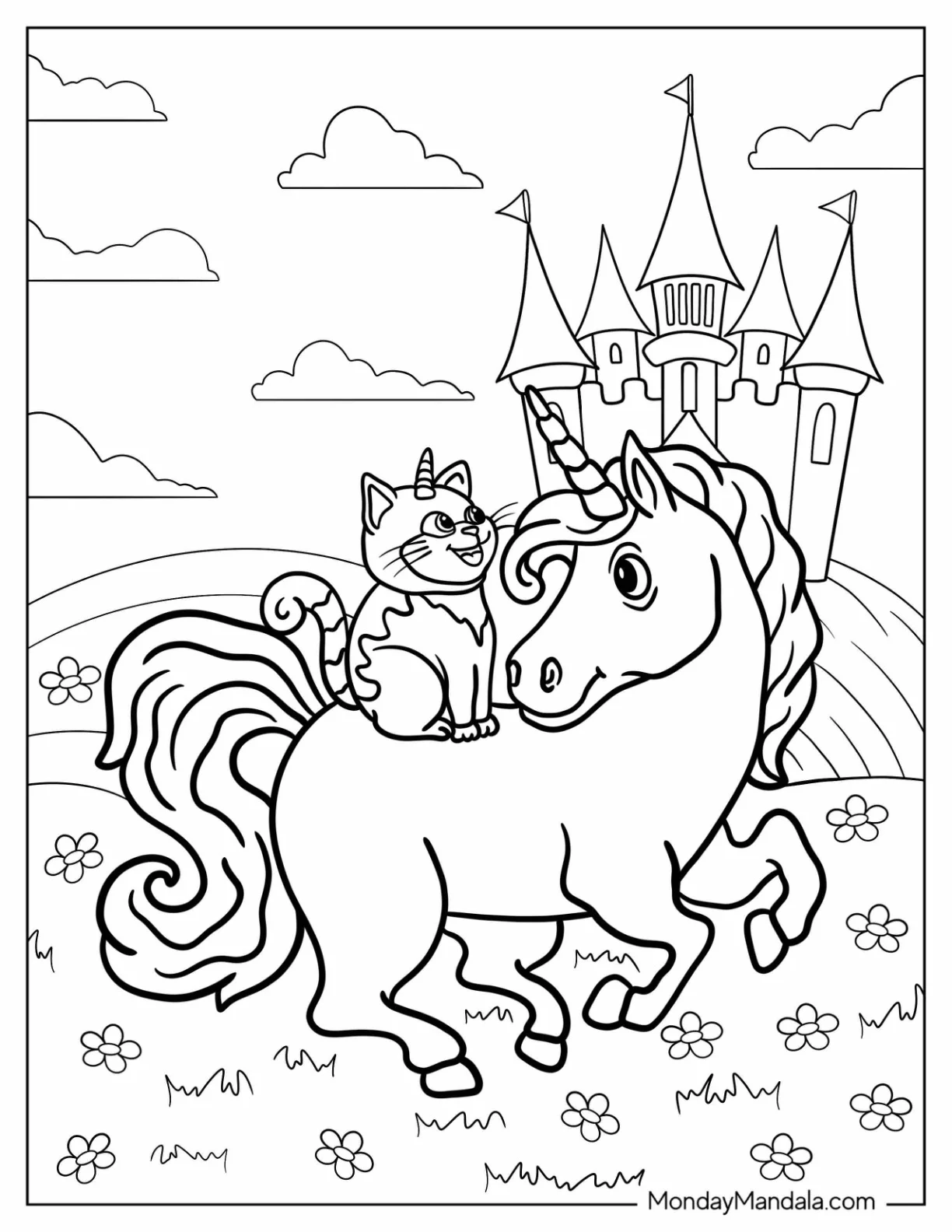 Cat Sitting On The Back Of A Unicorn Coloring Page coloring page — printable line art