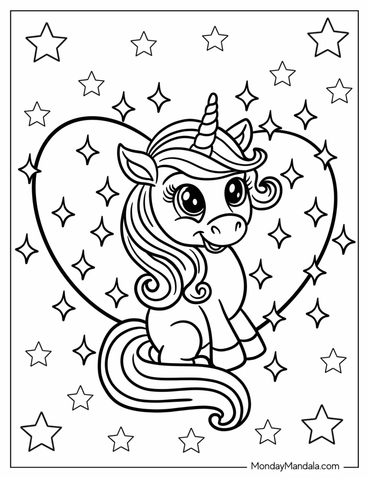 Chibi Smiling Unicorn Coloring Page In A Love Heart For Kids coloring page