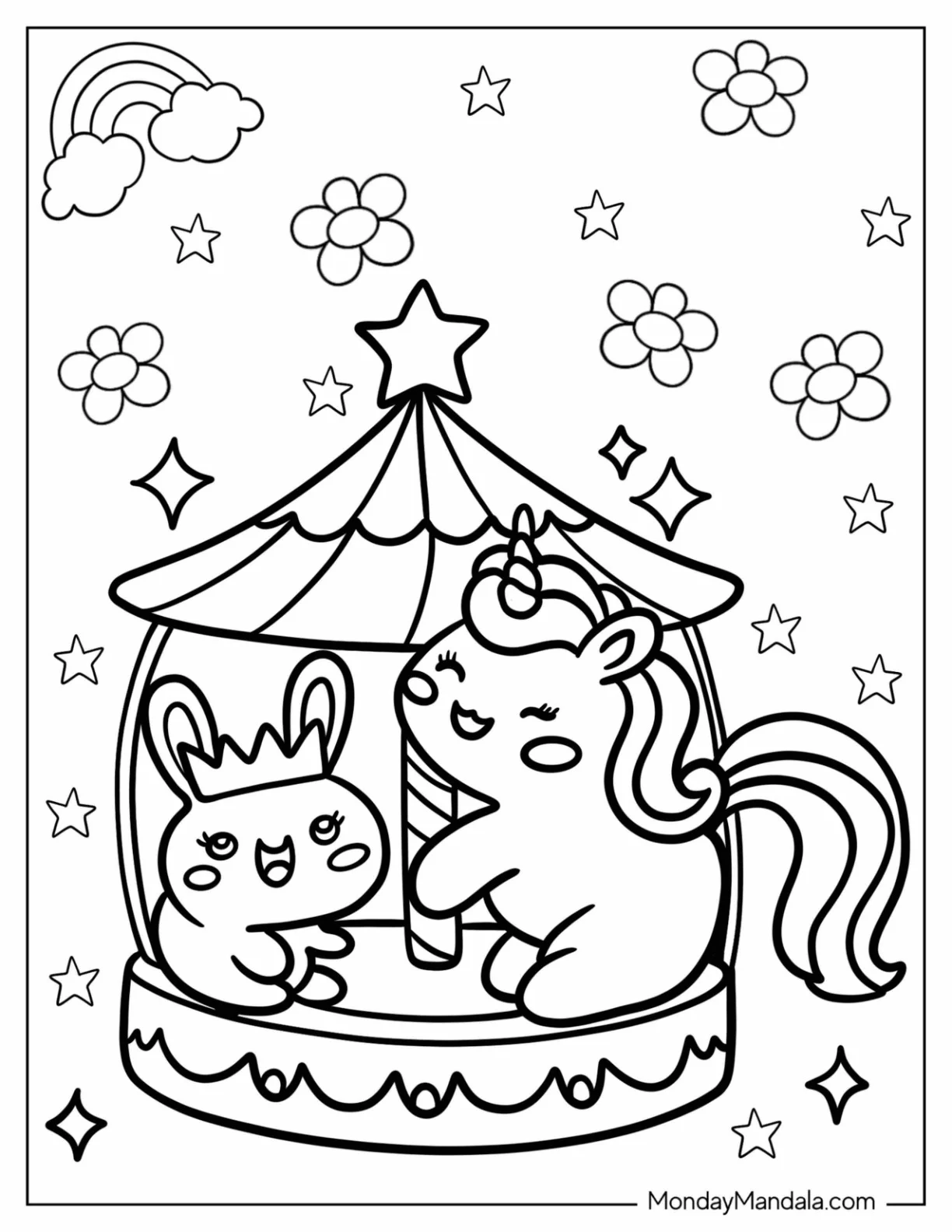 Chibi Unicorn Coloring Page And Rabbit In A Carousel For Kids coloring page