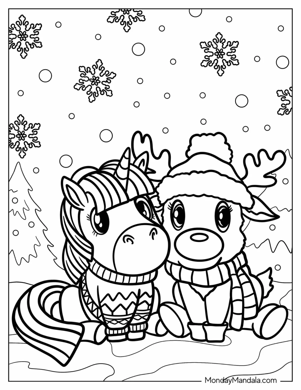 Cute Reindeer And Unicorn Coloring Page Cuddling In The Snow coloring page — printable line art