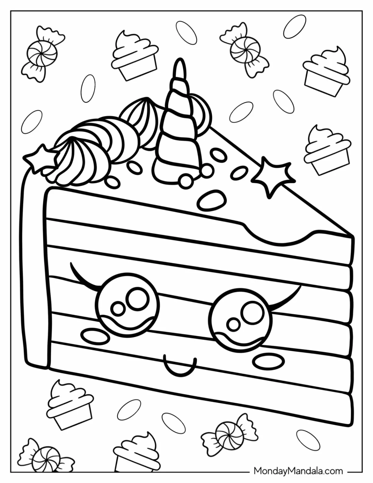 Delicious Unicorn Coloring Page Cake With Cupcakes In The Background coloring page