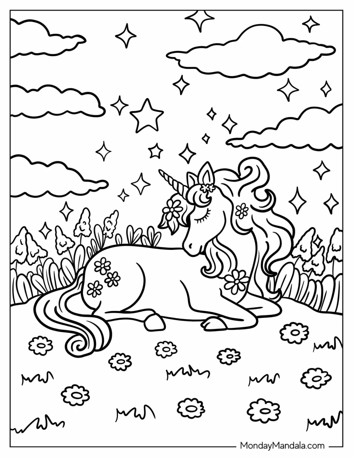 Demure Unicorn Coloring Page Resting On A Flower Field coloring page — printable line art