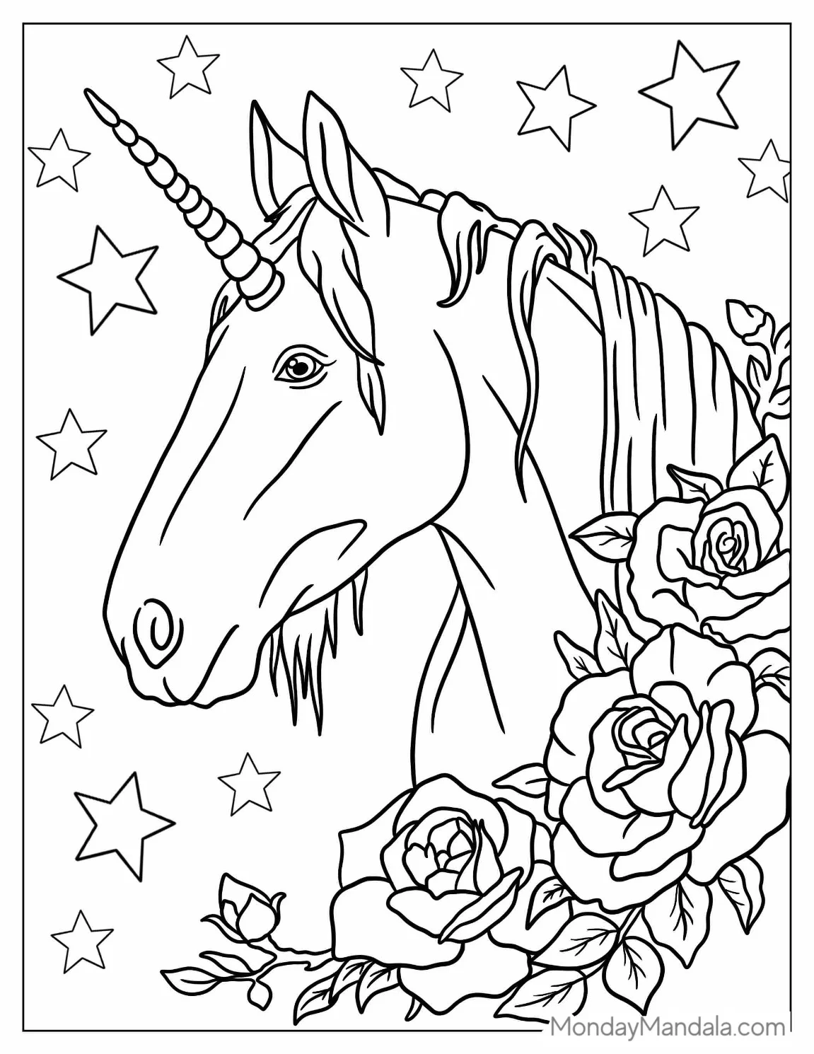 Detailed Unicorn Coloring Page Face With Long Horn coloring page