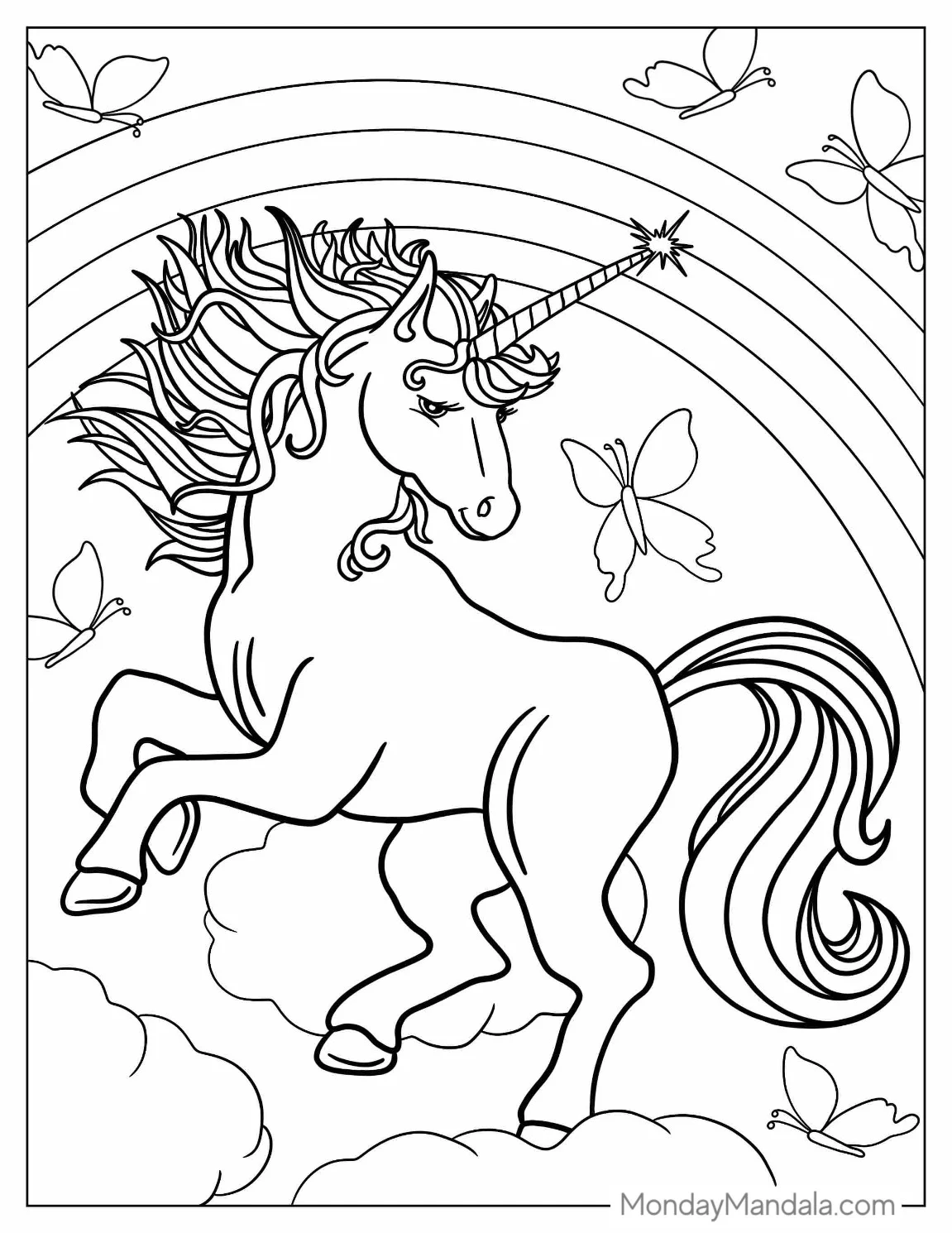 Detailed Unicorn Coloring Page Floating In The Sky coloring page — printable line art