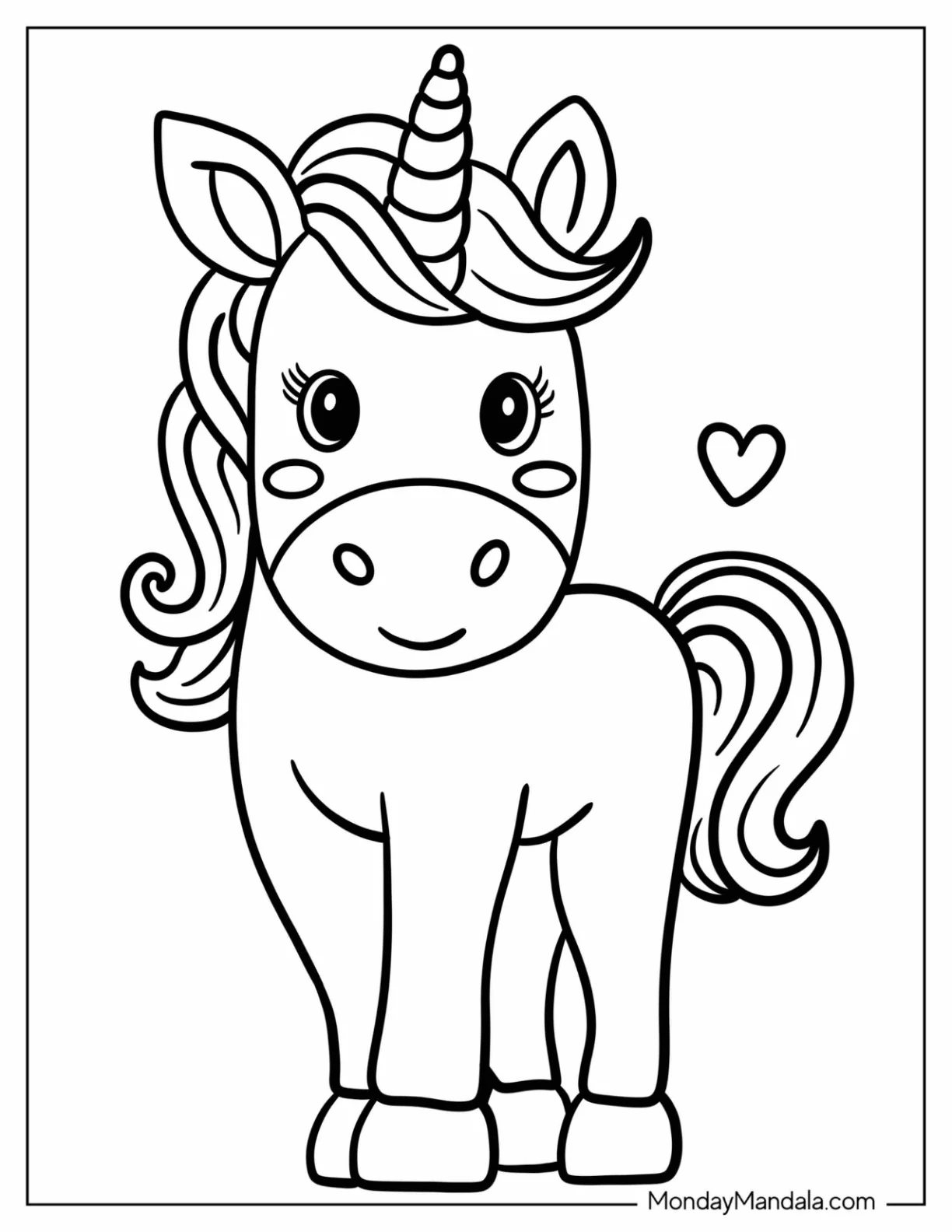 Easy Smiling Unicorn Coloring Page With A Love Heart For Kids coloring page