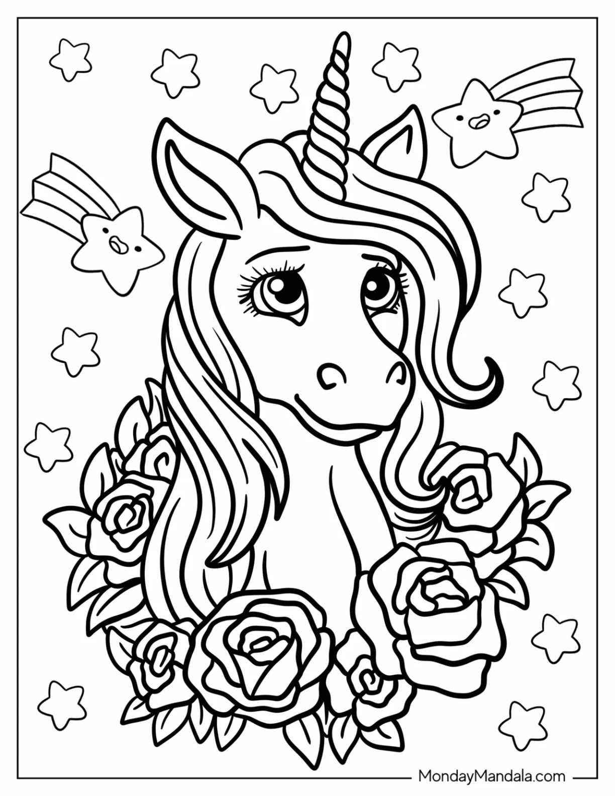 Elegant Unicorn Coloring Page Surrounded By Roses coloring page — printable line art