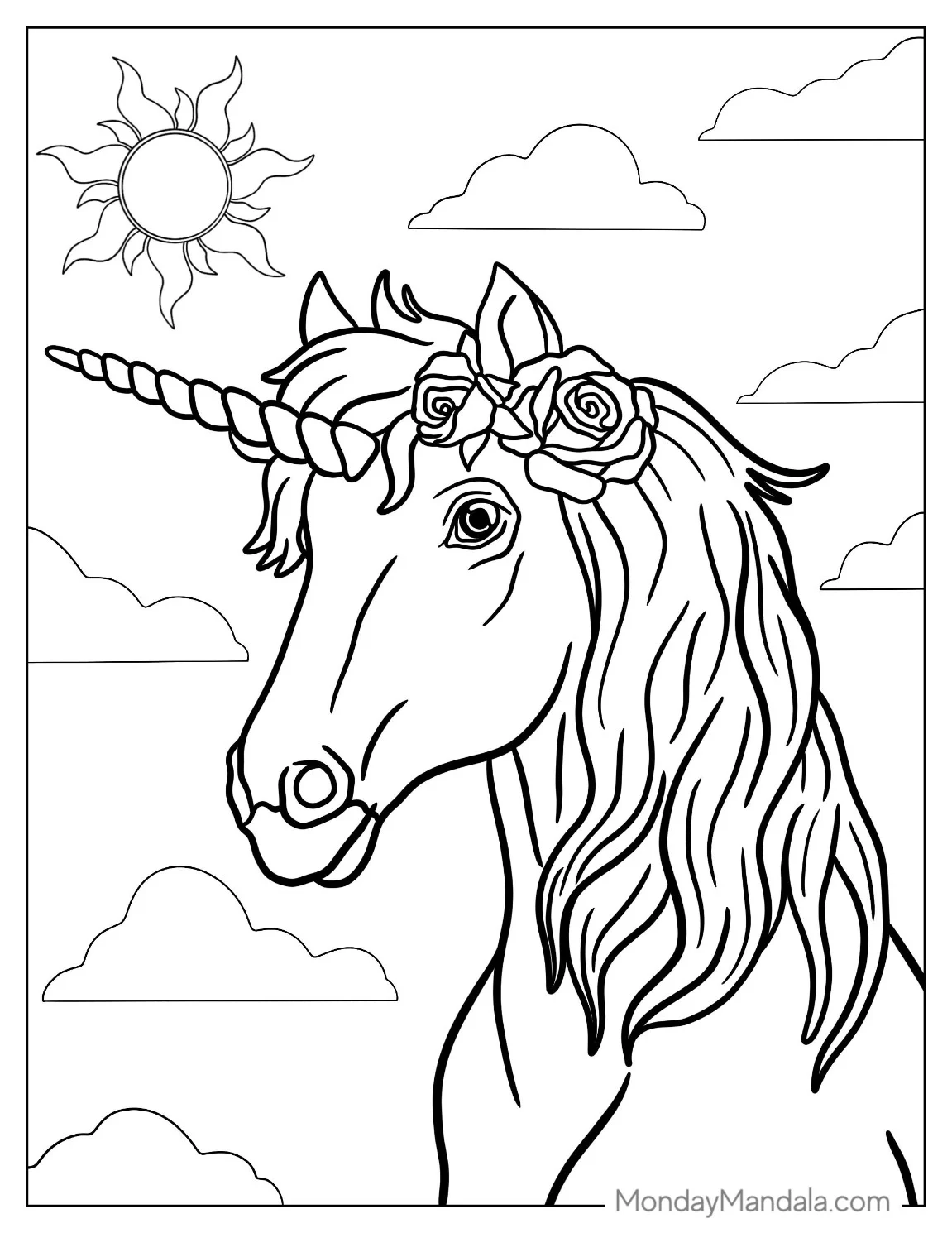 Enchanted Unicorn Coloring Page Head coloring page — printable line art
