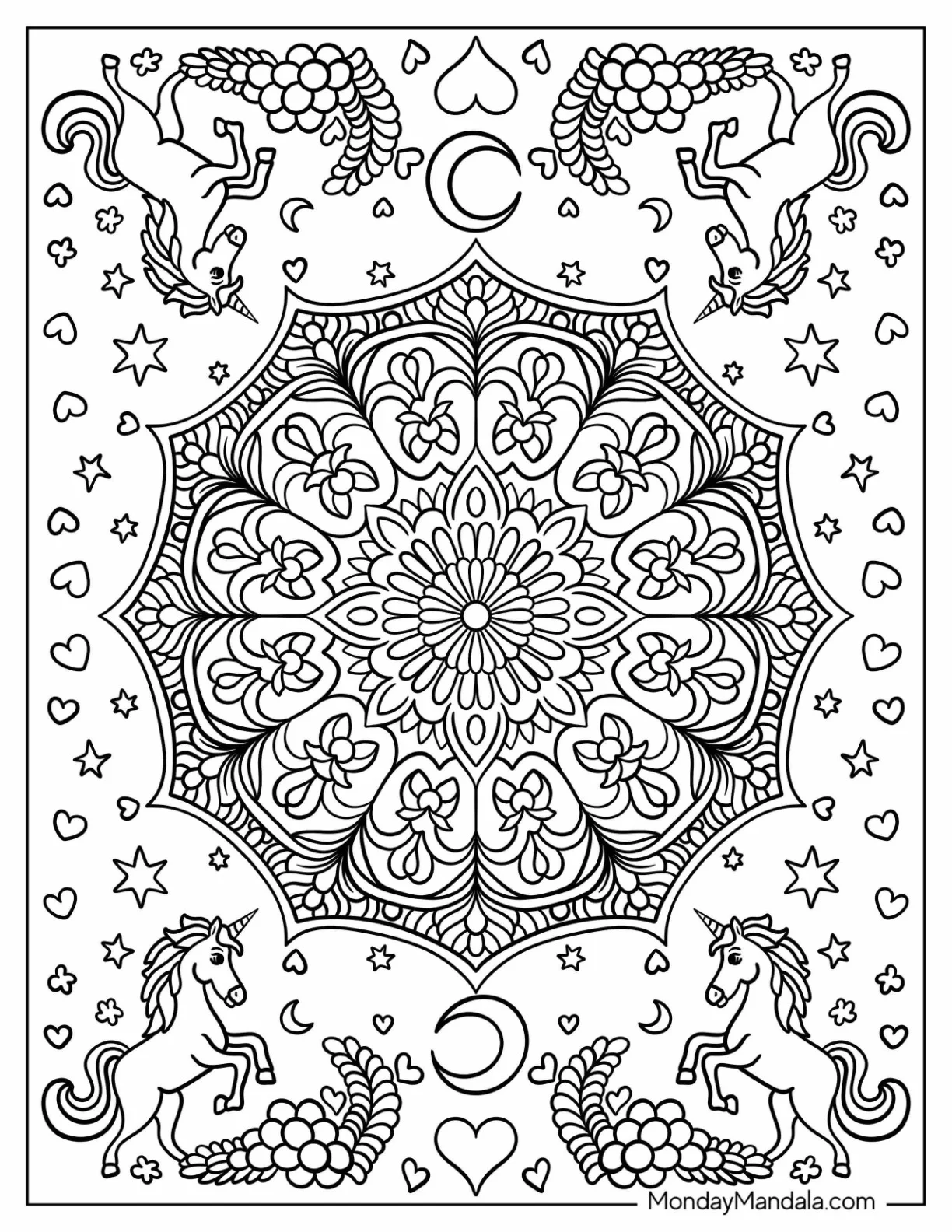 Floral Mandala With Unicorn Coloring Page In The Corners coloring page