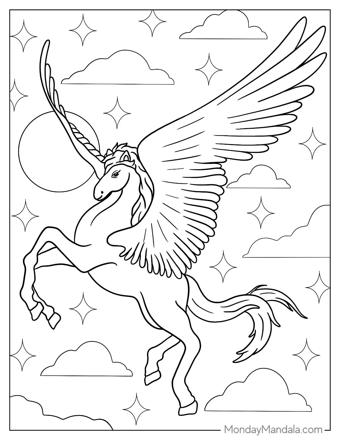 Flying Magical Winged Unicorn Coloring Page coloring page