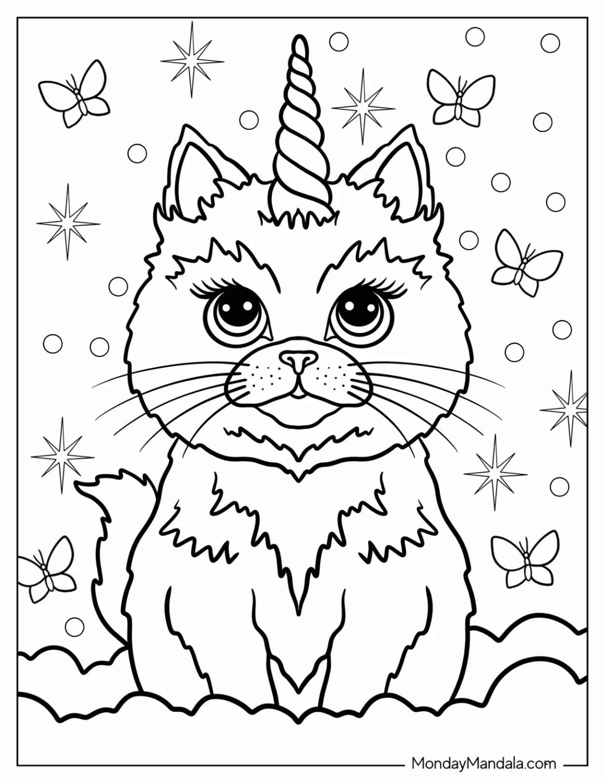 Furry Unicorn Coloring Page Cat With Sparkles And Butterflies coloring page — printable line art