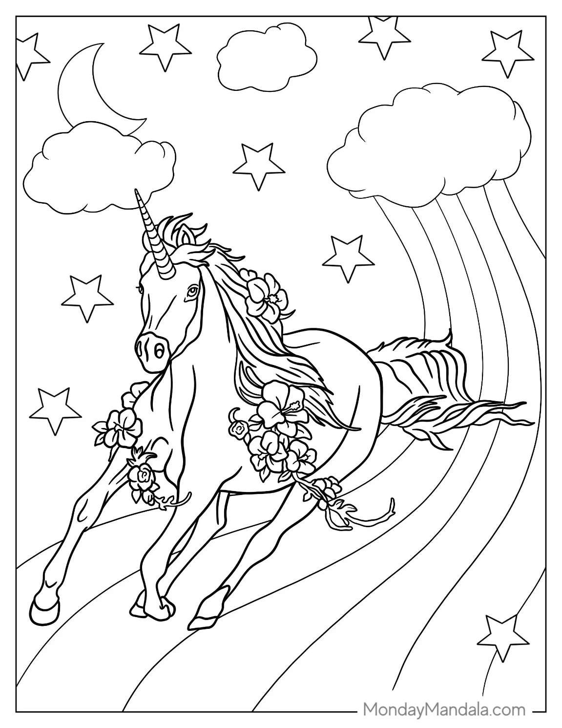 Galloping Unicorn Coloring Page On Rainbow For Adults coloring page