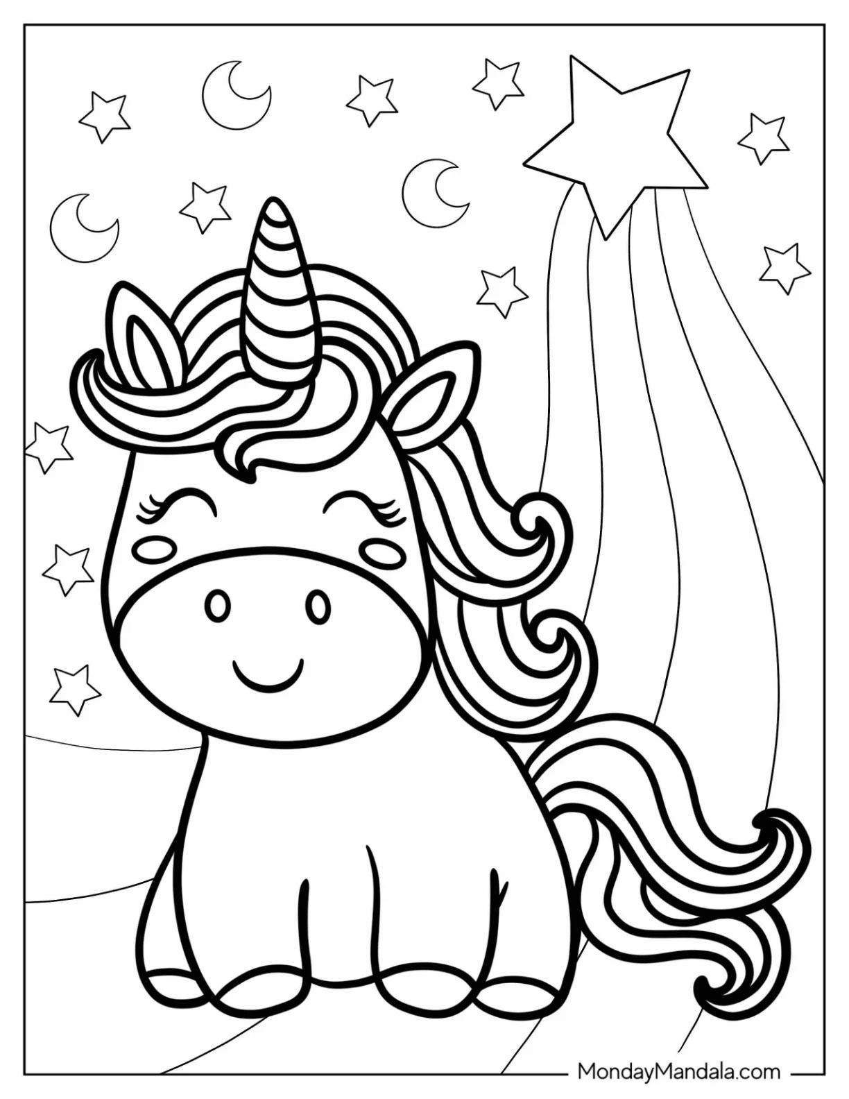 Happy Baby Unicorn Coloring Page Sitting On A Rainbow coloring page
