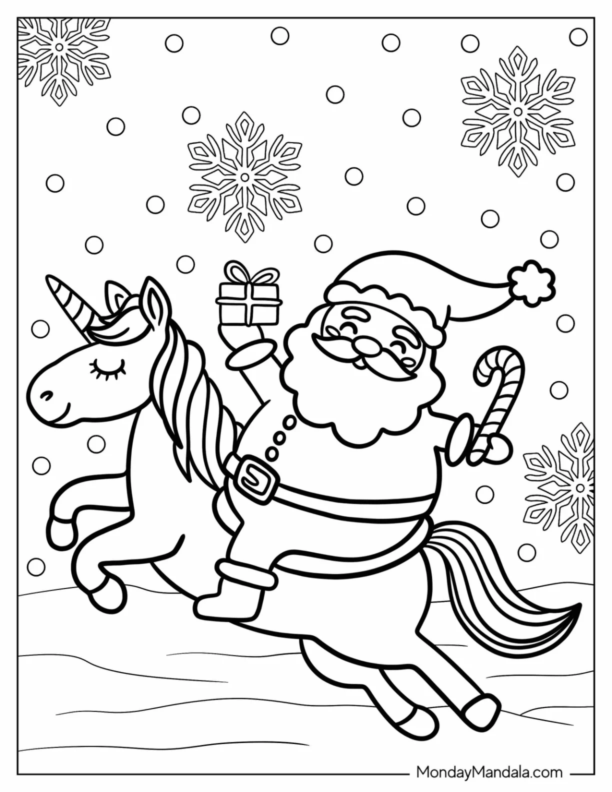 Happy Santa Claus Riding A Unicorn Coloring Page In Winter coloring page — printable line art