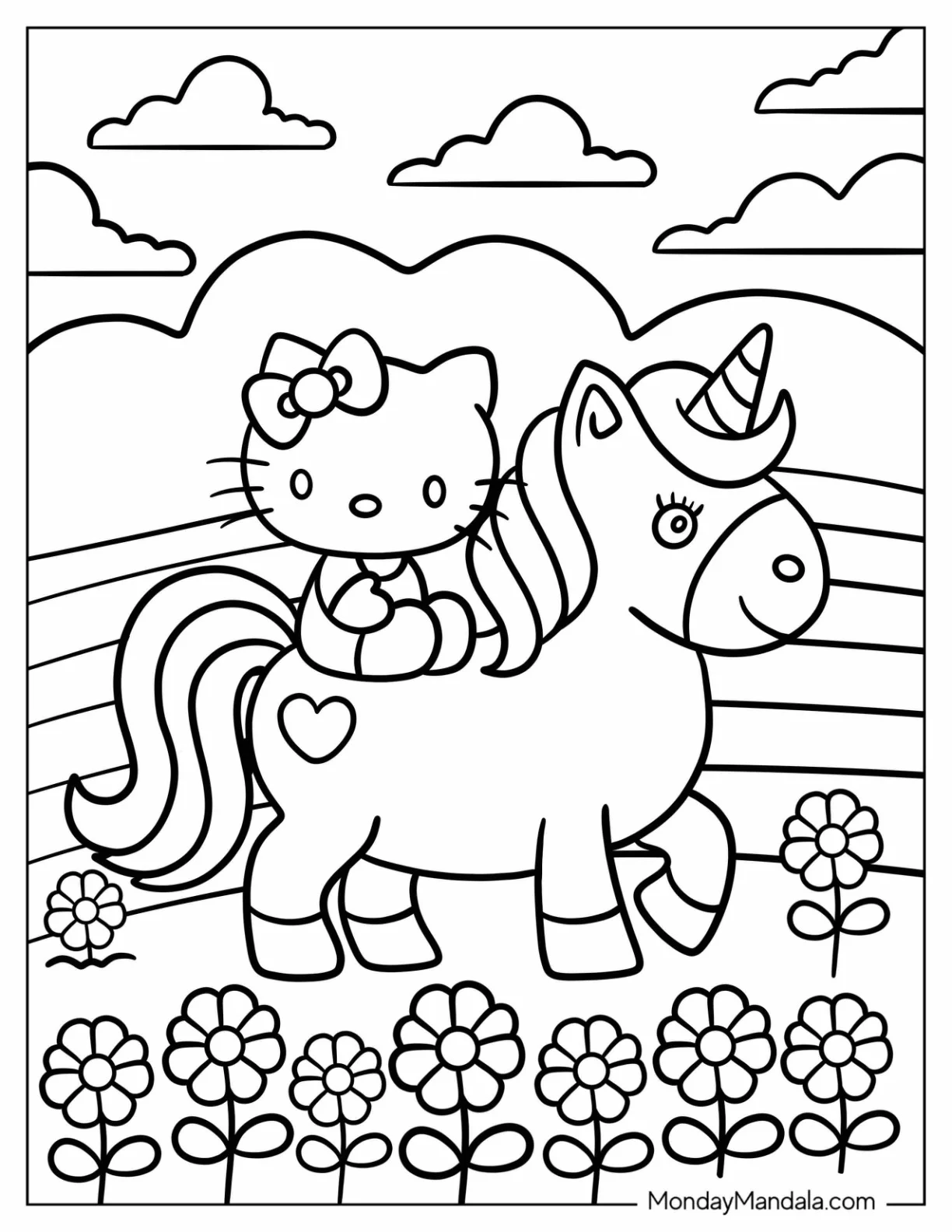 Hello Kitty Sitting On The Back Of A Unicorn Coloring Page For Kids coloring page
