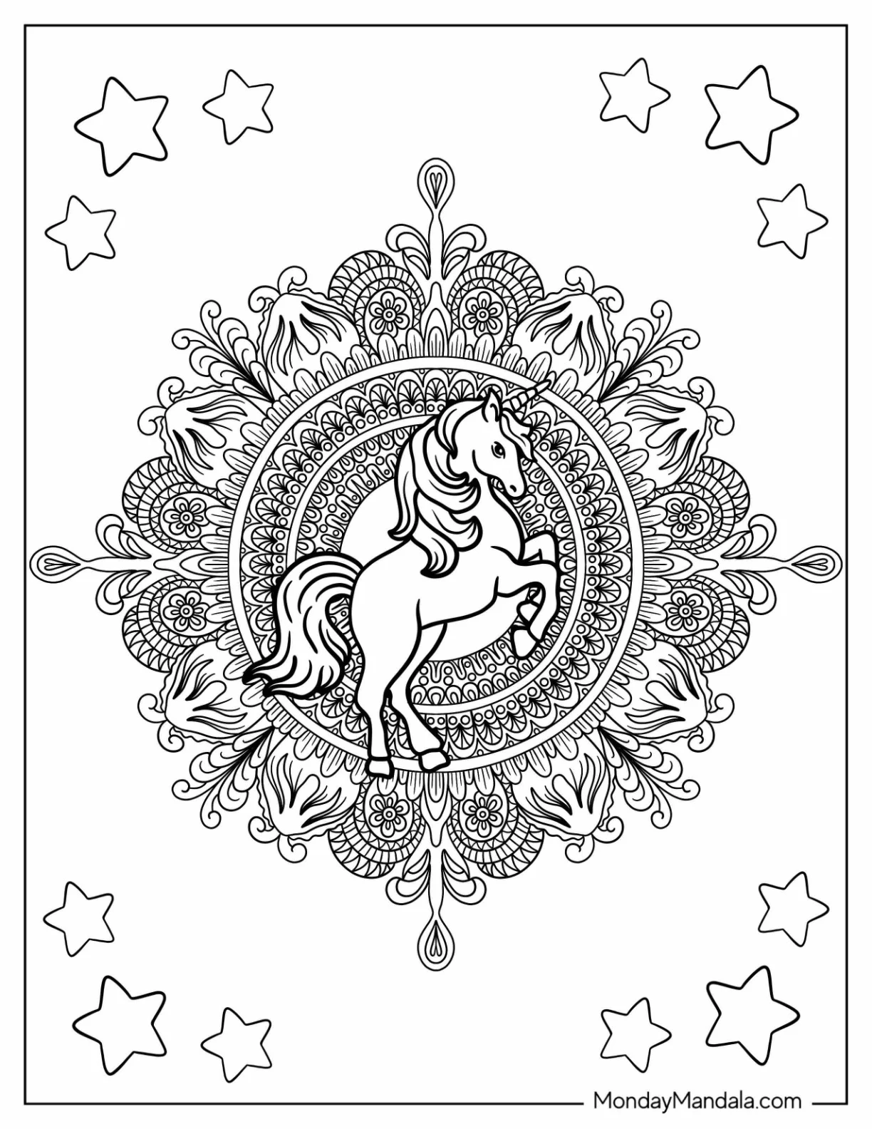 Intricate Flower Mandala With Unicorn Coloring Page At The Center coloring page — printable line art