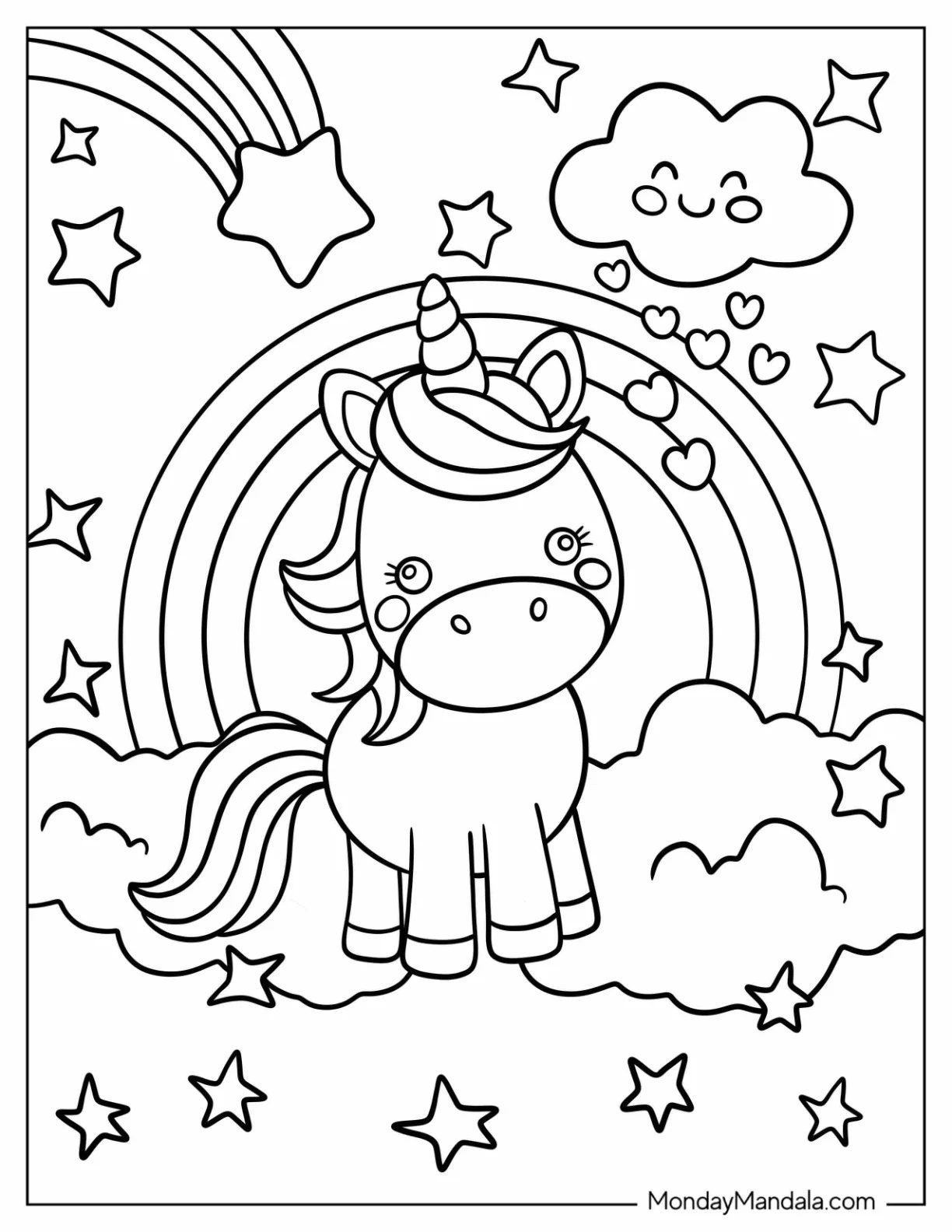 Kawaii Chibi Unicorn Coloring Page In A Starry Sky With A Rainbow coloring page — printable line art