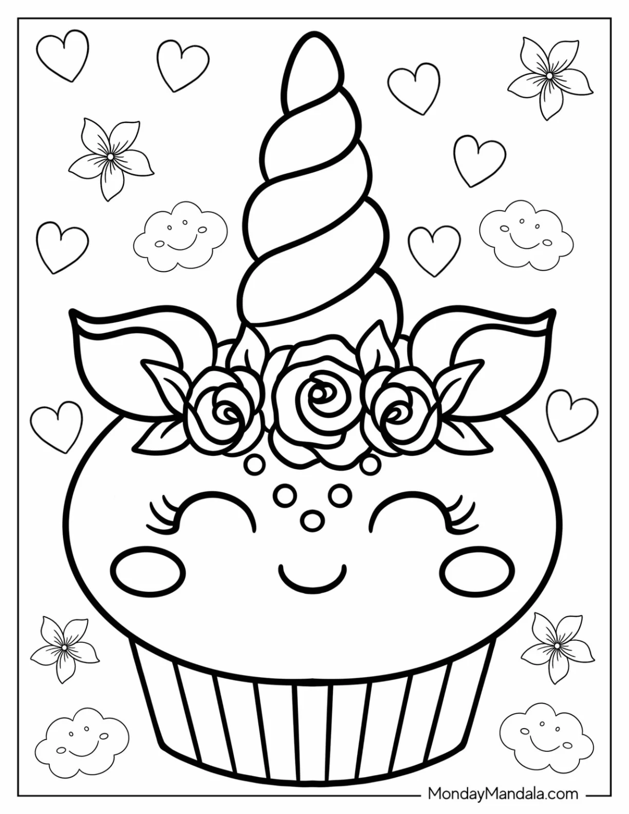 Kawaii Unicorn Coloring Page Cupcake With Flowers For Kids coloring page