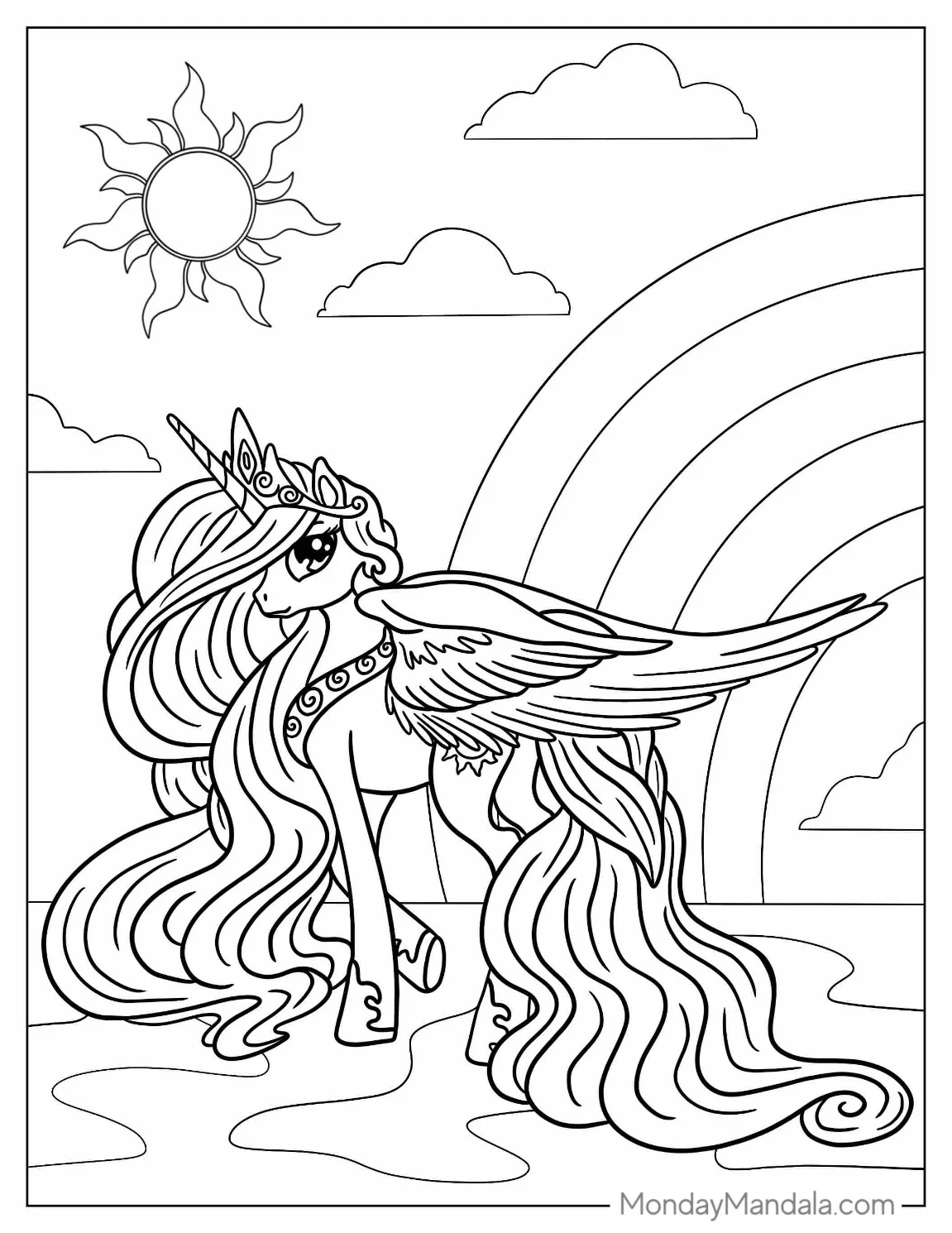 Magical Unicorn Coloring Page Princess With Wings coloring page — printable line art