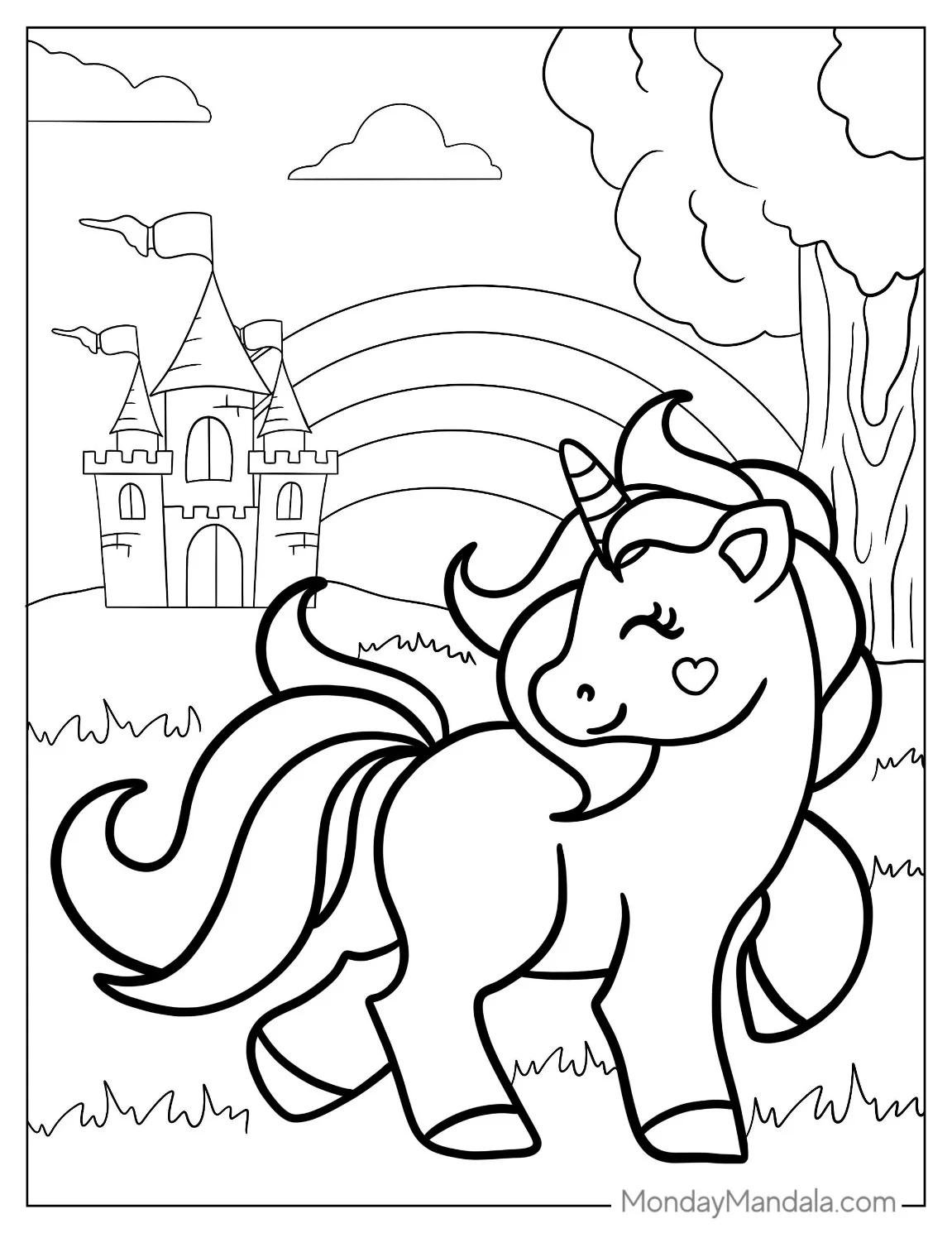 Magical Unicorn Coloring Page With Castle coloring page — printable line art