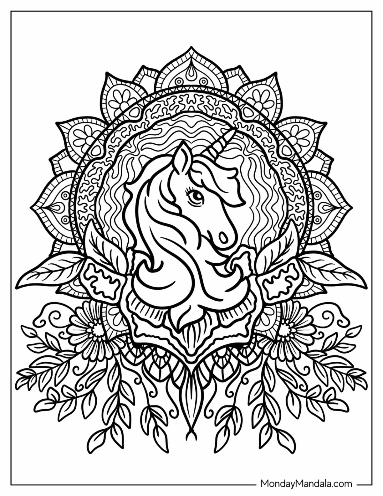 Majestic Unicorn Coloring Page Mandala With Hanging Leaves And Flowers coloring page