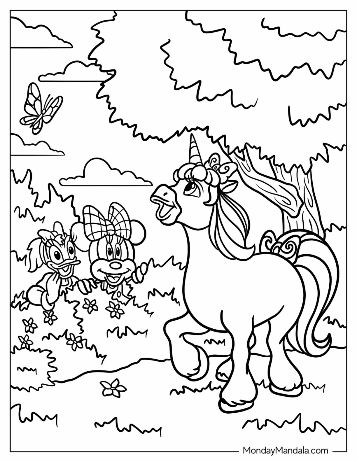 Minnie Mouse And Daisy Duck Spotting A Unicorn Coloring Page coloring page — printable line art