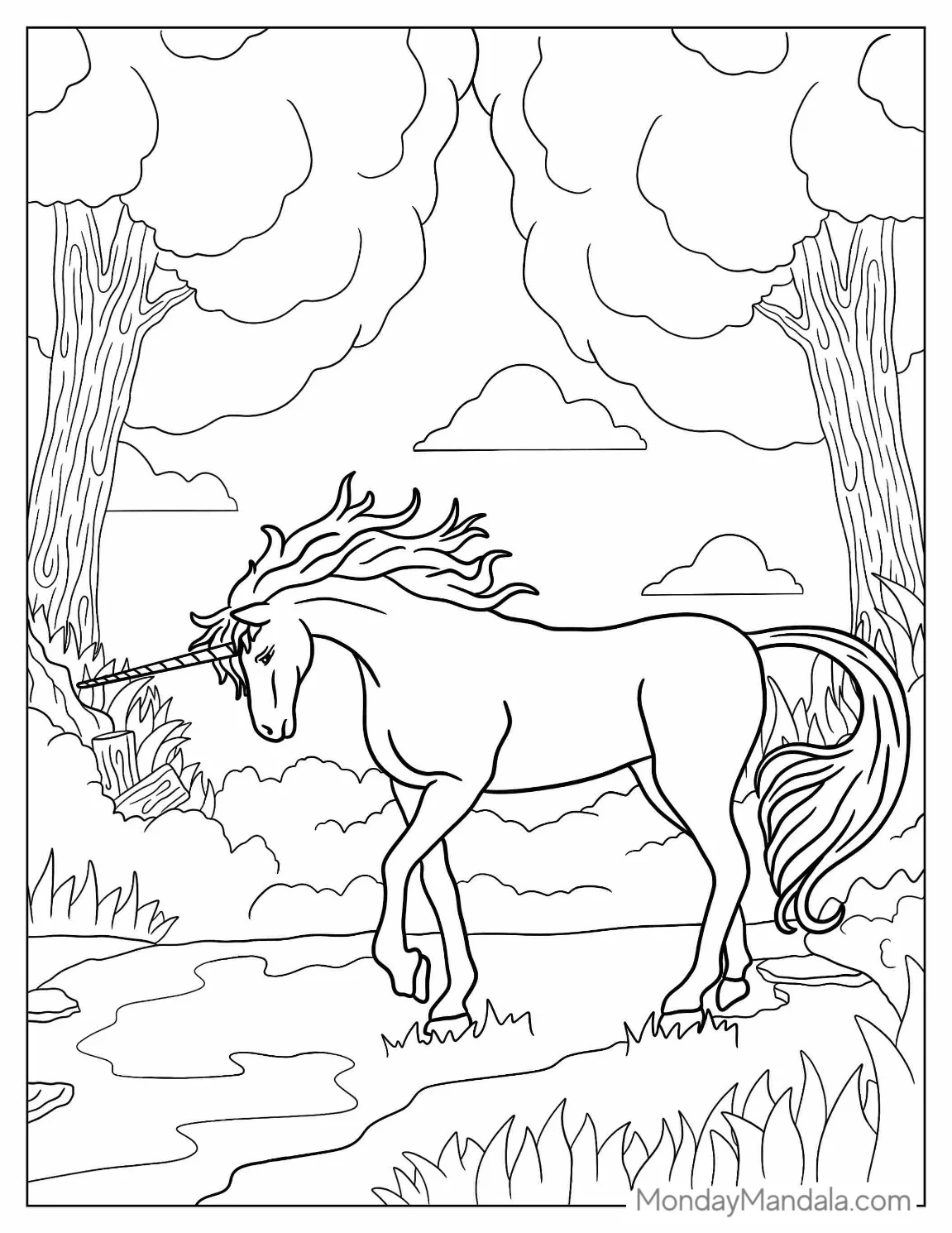 Mythical Unicorn Coloring Page In Forest coloring page
